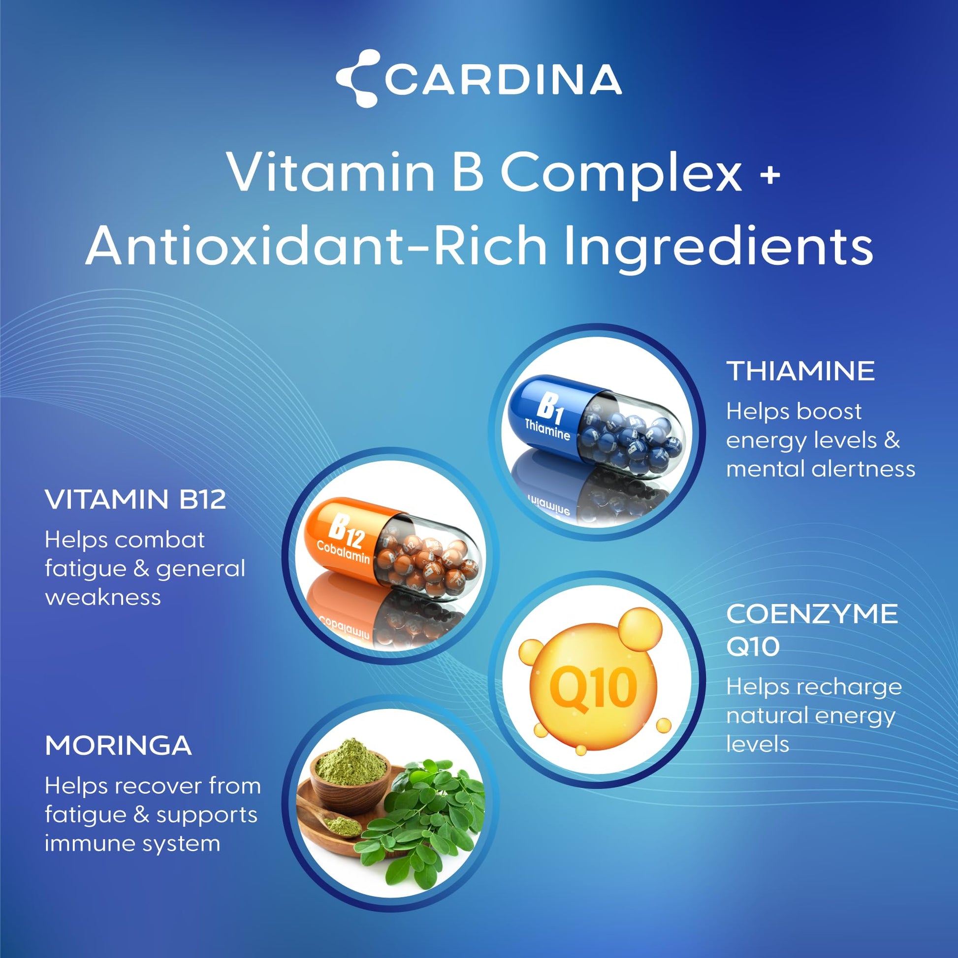 CARDINA B12 Vitamins for Women and Men - Brain Supplements for Memory and Focus with Thiamine B1 Supplement and COQ10 - Brain Memory Support - Non-GMO and Vegan B12 Supplement, 60 Ct CARDINA Au supplements
