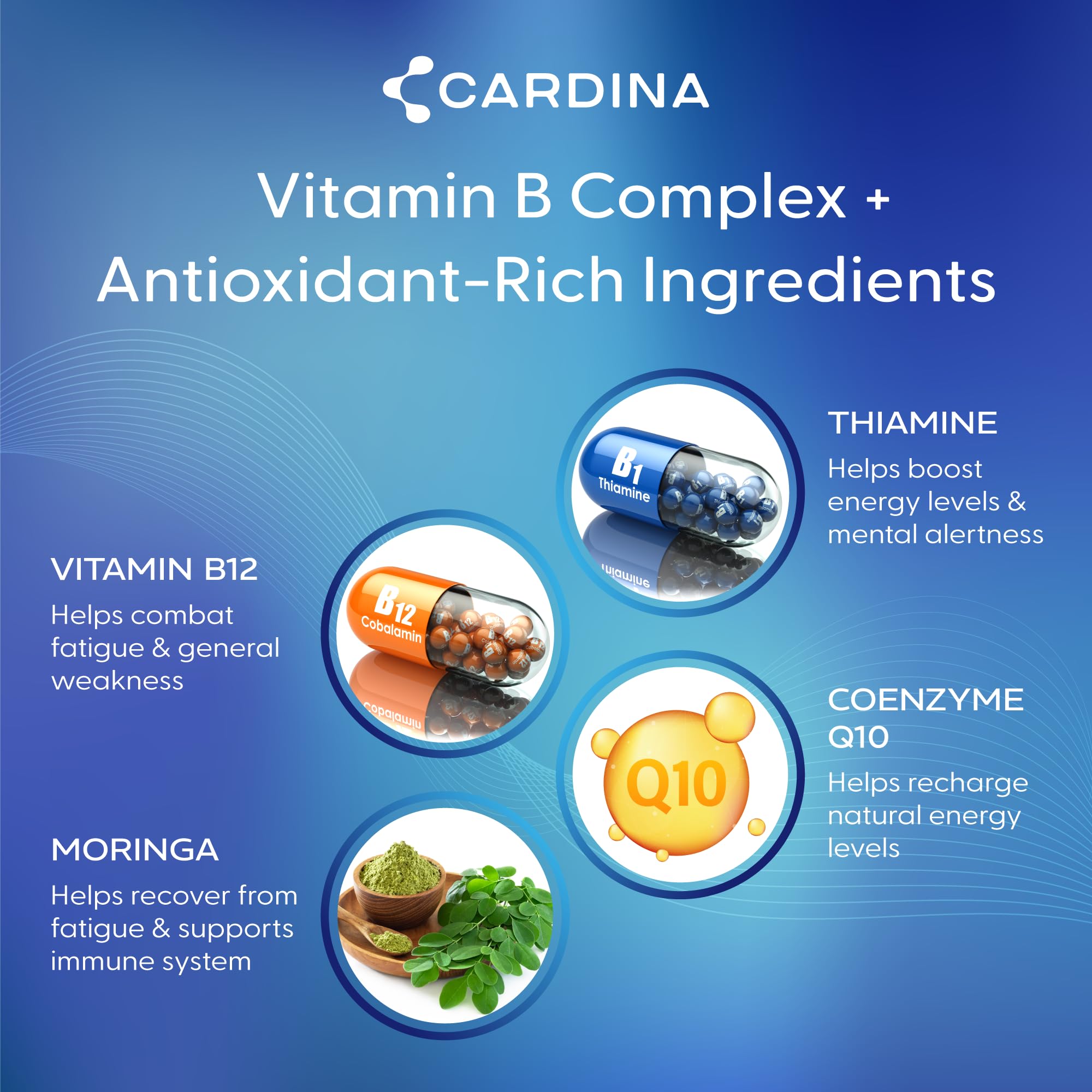 CARDINA B12 Vitamins for Women and Men - Brain Supplements for Memory and Focus with Thiamine B1 Supplement and COQ10 - Brain Memory Support - Non-GMO and Vegan B12 Supplement, 60 Ct CARDINA Au supplements
