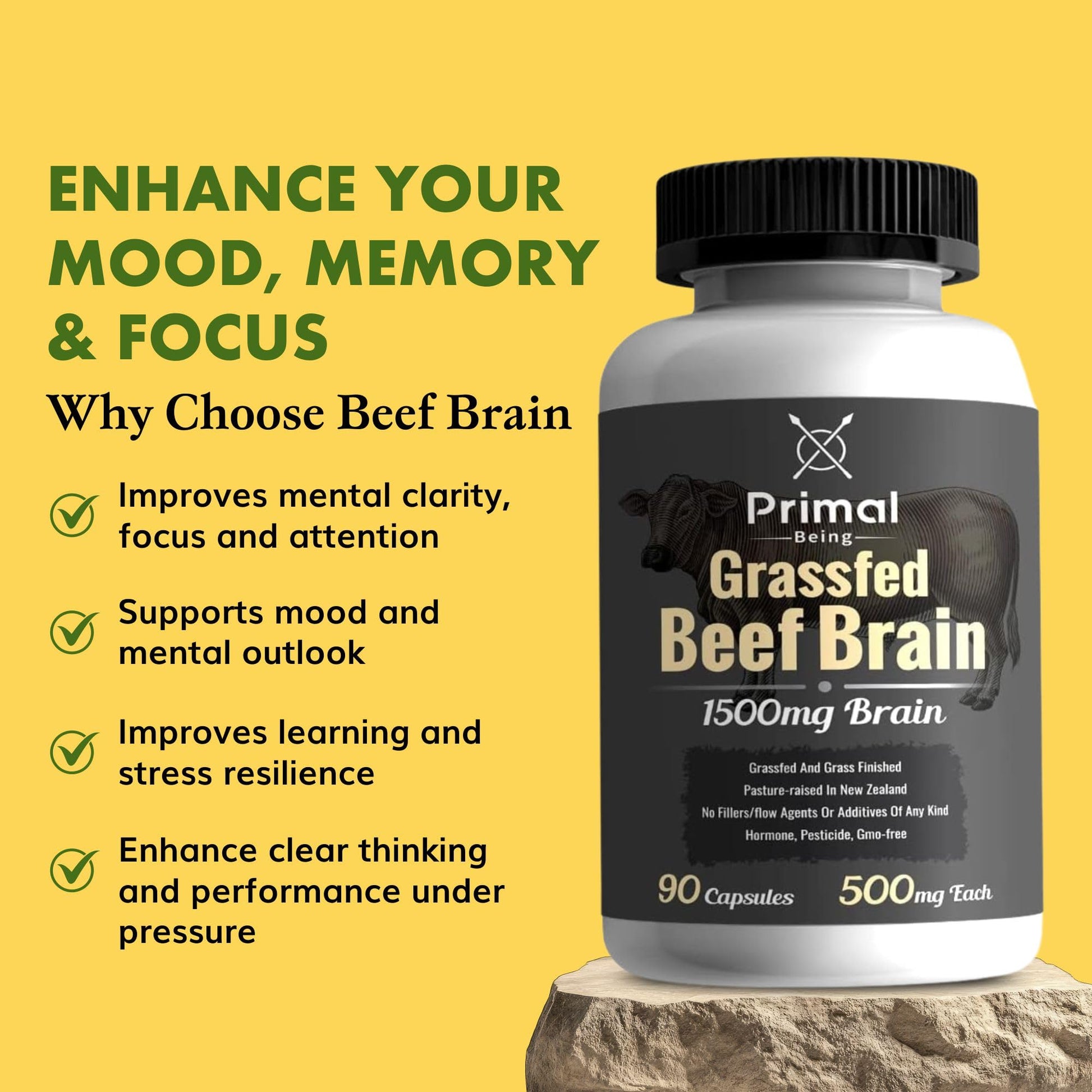 Primal Being Grassfed Beef Brain, Supports Memory, Mood, Focus, Energy, Cognitive Health - 90 Capsules, 1500mg per Serving Primal Being Au supplements