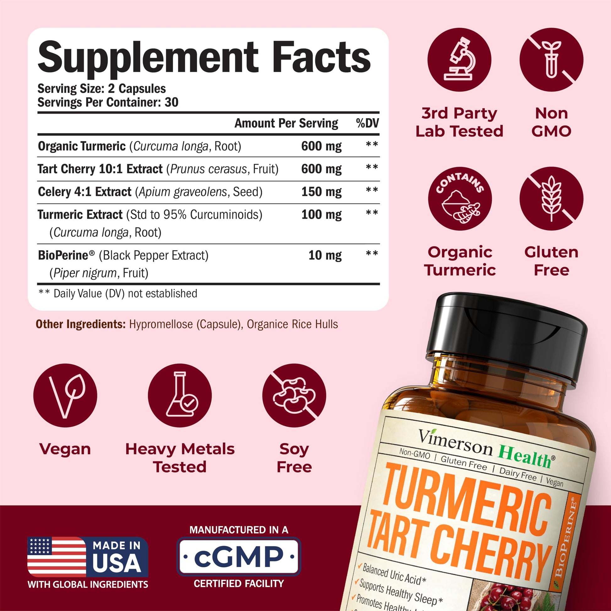 Turmeric Curcumin Supplement with 10:1 Tart Cherry Extract & Celery Seed Extract – Natural Uric Acid Balance, Joint Health & Sleep Aid – Turmeric Curcumin with Black Pepper – 60 Tart Cherry Capsules Vimerson Health Au supplements