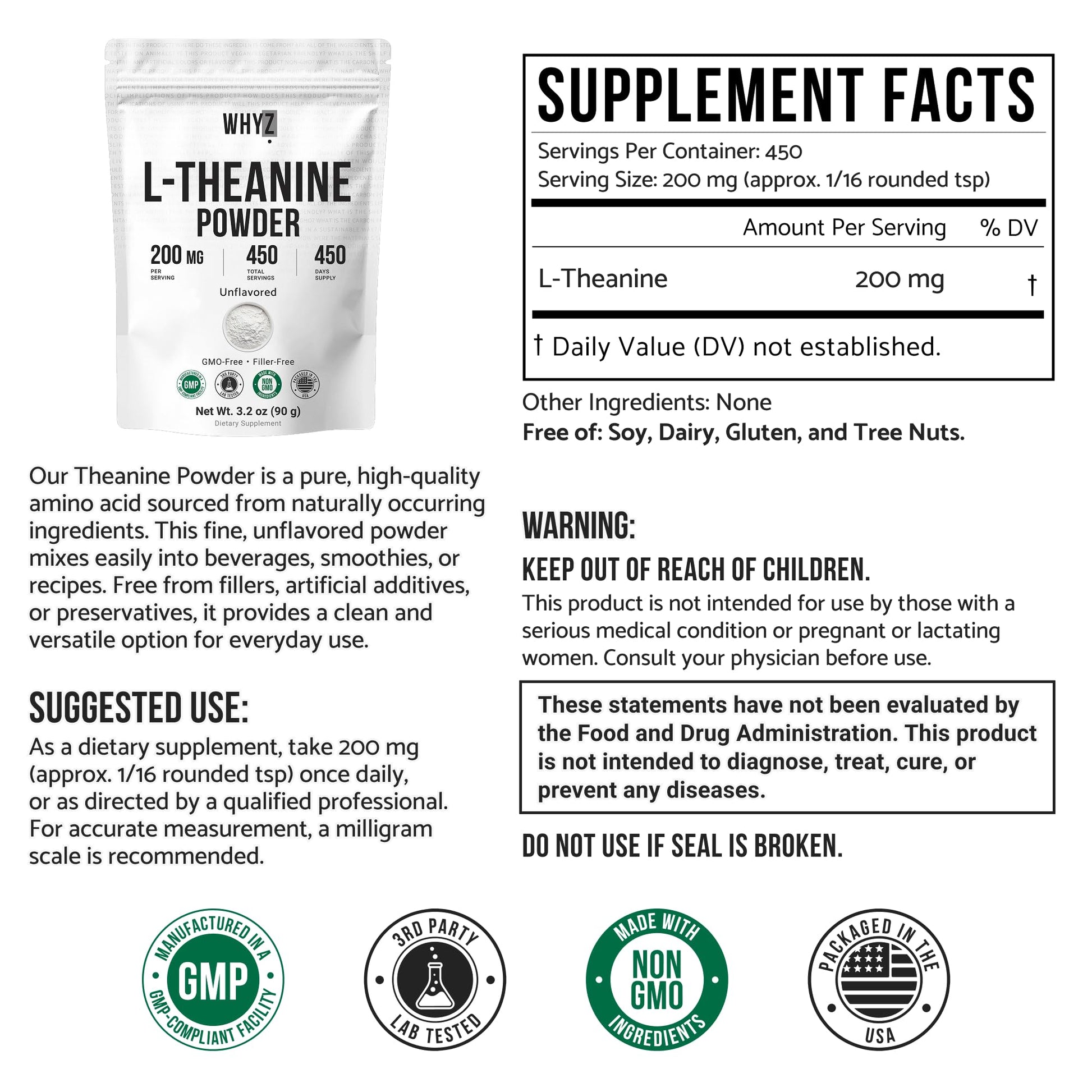 Pure L-Theanine Powder Unflavored Amino Acid Supplement Powder from Fine L-Theanine for Smooth Mixing Vegan Friendly Non-GMO No-Additives for Smoothies Drinks and Daily Nutrition Support, 3.2 oz (90g) WHYZ Au supplements