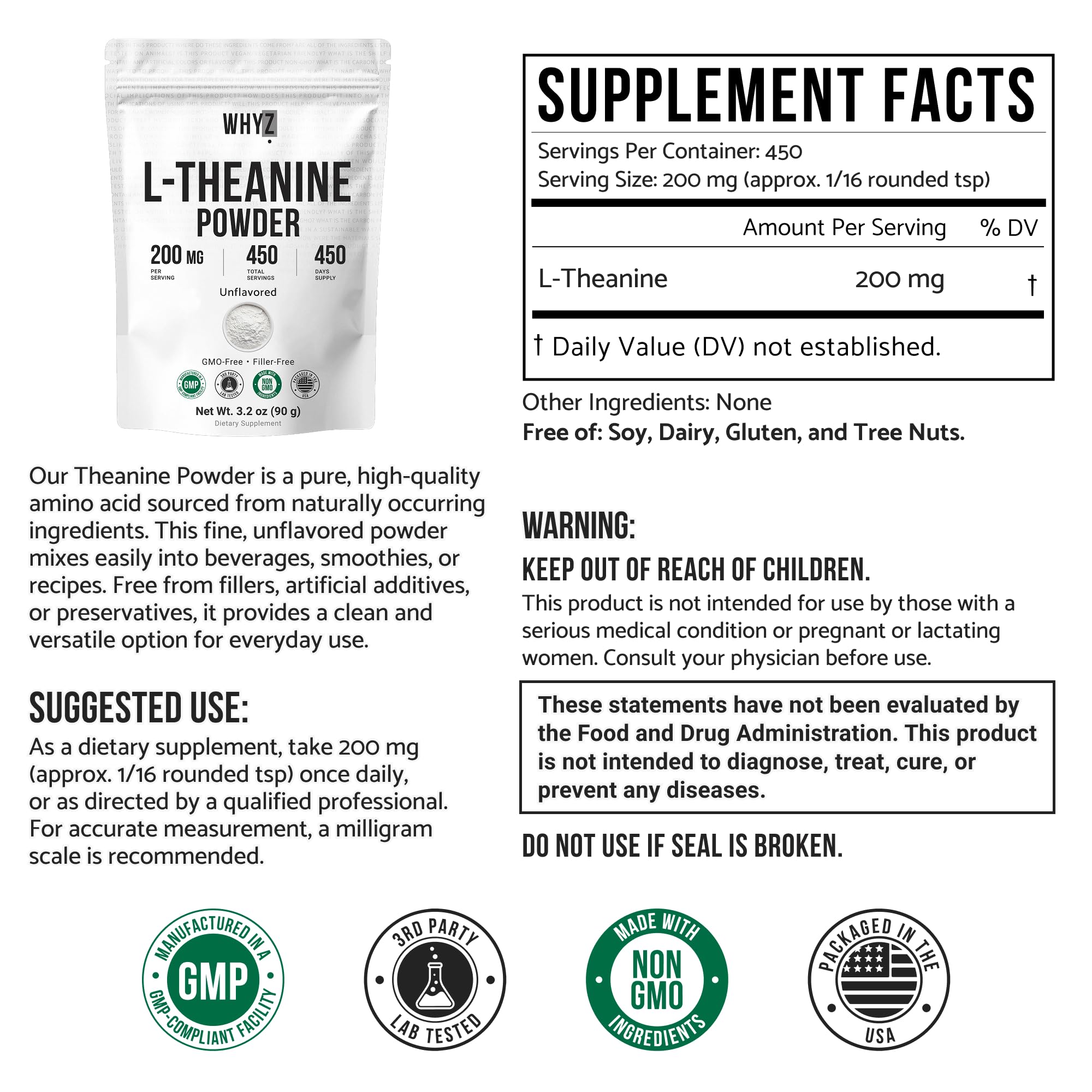 Pure L-Theanine Powder Unflavored Amino Acid Supplement Powder from Fine L-Theanine for Smooth Mixing Vegan Friendly Non-GMO No-Additives for Smoothies Drinks and Daily Nutrition Support, 3.2 oz (90g) WHYZ Au supplements