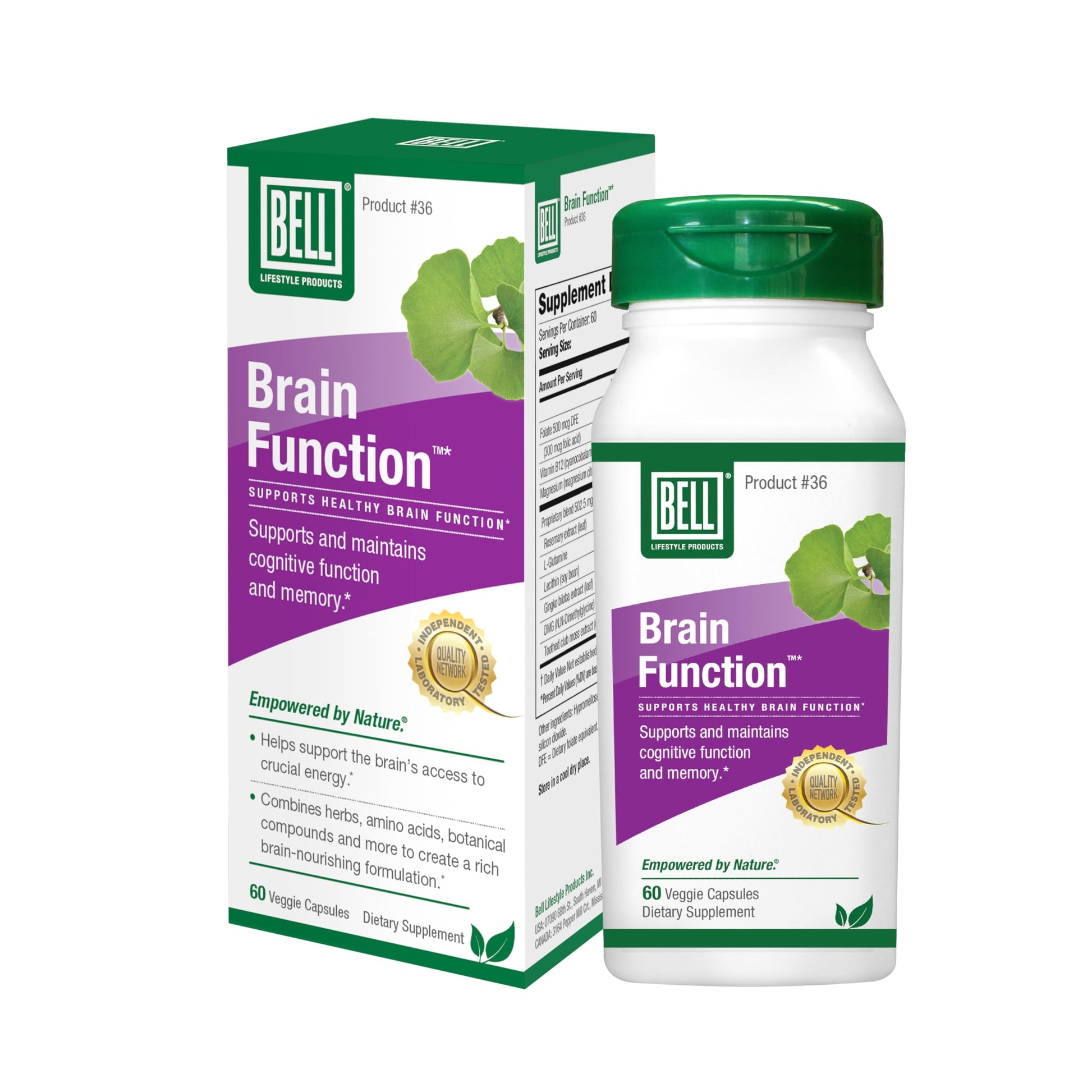 Bell Brain Function Lifestyle, Supports Cognitive Health with Ginkgo, Vitamin B12, Folate - 60 Vegetarian Capsules Bell Au supplements