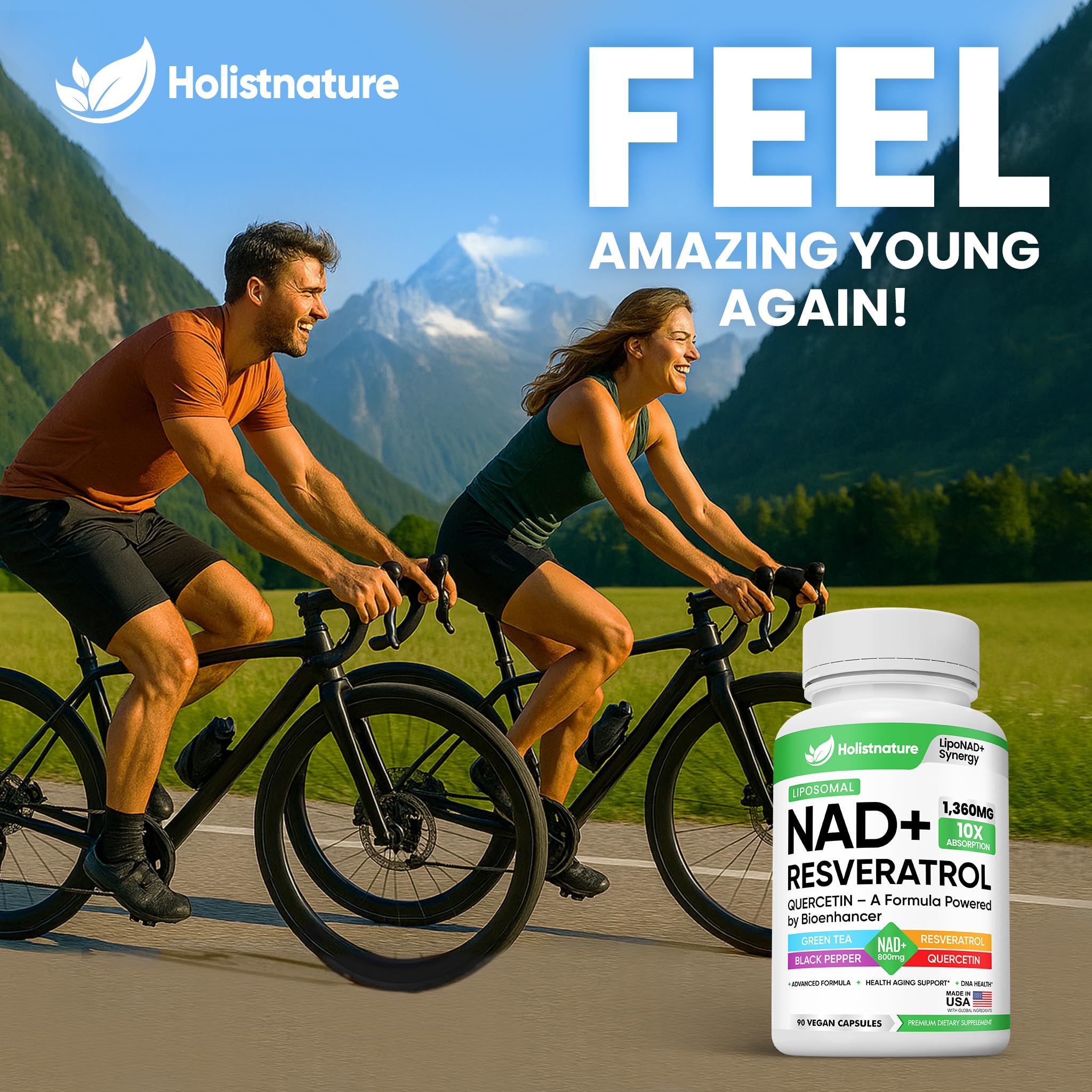 NAD+ Supplement, 1,360mg Max Strength Liposomal | Resveratrol, Quercetin, Green Tea | Cellular Energy & Healthy Aging for Men & Women | 800mg of 100% High Purity NAD+ for Energy, Focus - 90 Capsules Holistnature Au supplements