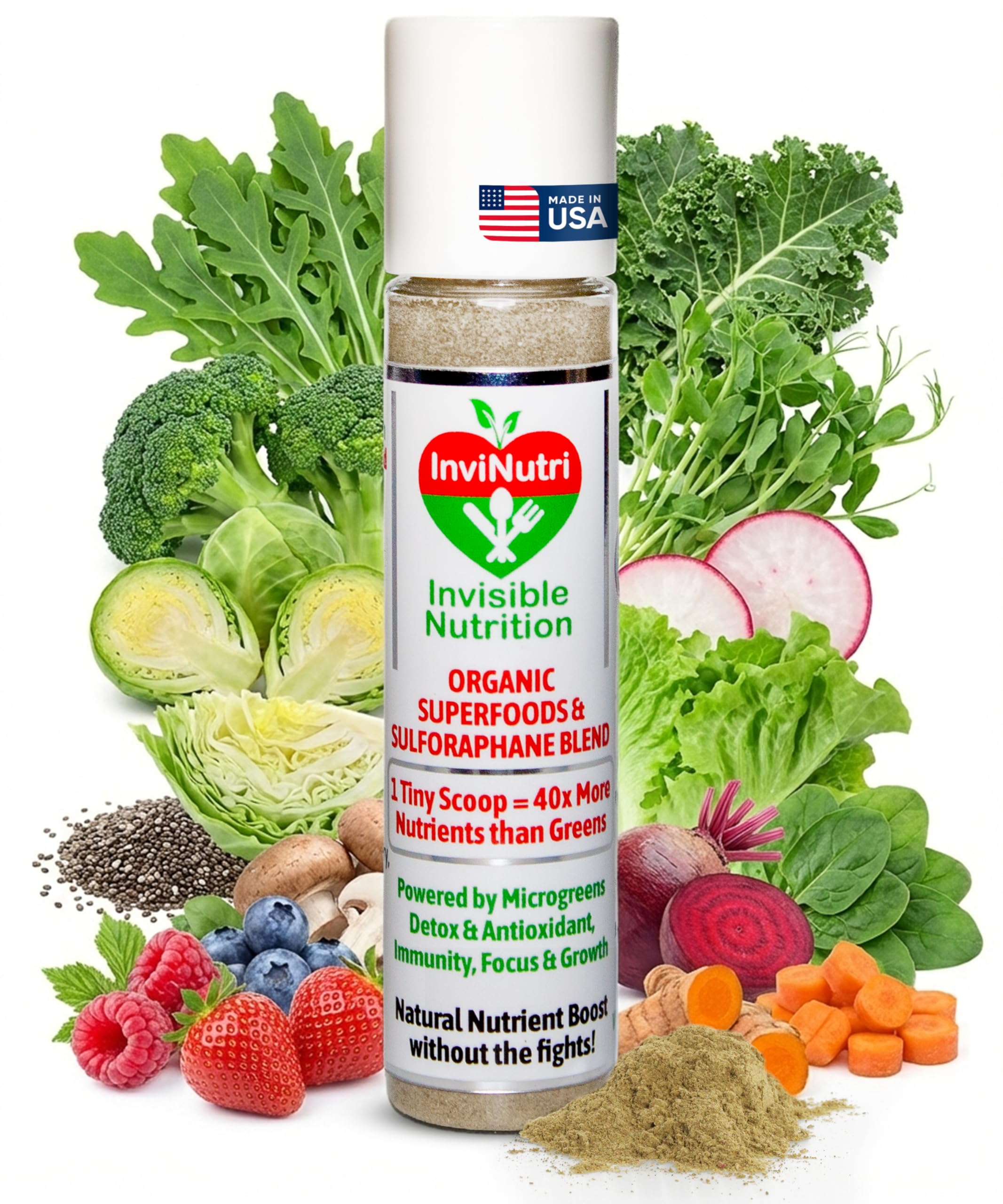 InviNutri Superfood Powder for Sensory & Picky Eaters. A TINY scoop- 40x Nutrient-Rich, 30mg Sulforaphane for Detox. Organic Microgreens, Fruits & Veggies - Blends Invisibly into Most Meals - 24 serv. InviNutri Invisible Nutrition Au supplements