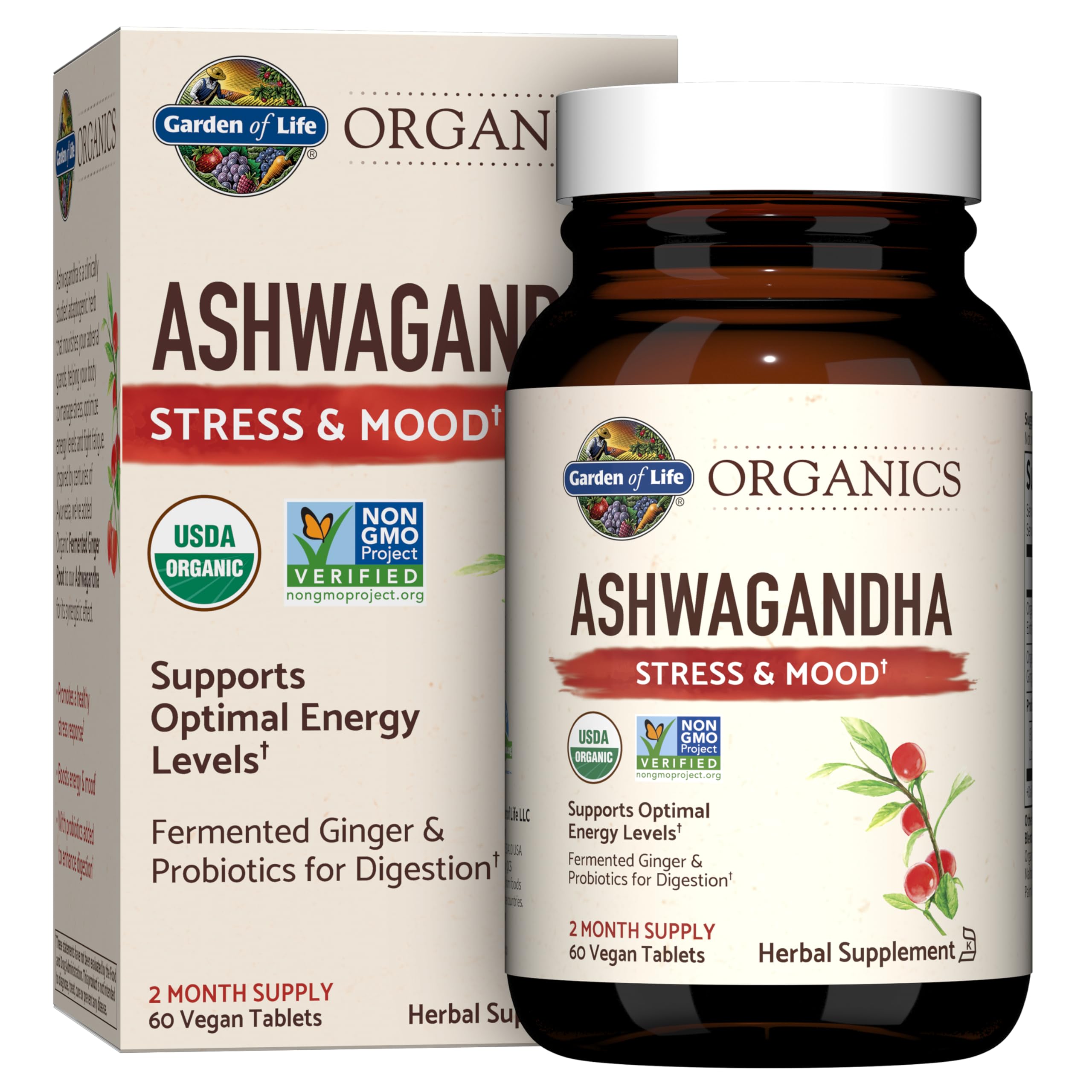 Garden of Life Organic Ashwagandha Supplement with Probiotics & Ginger - Stress, Mood & Energy Support, Vegan, Gluten Free, Non GMO, 2 Month Supply, 60 Tablets Garden of Life Au supplements