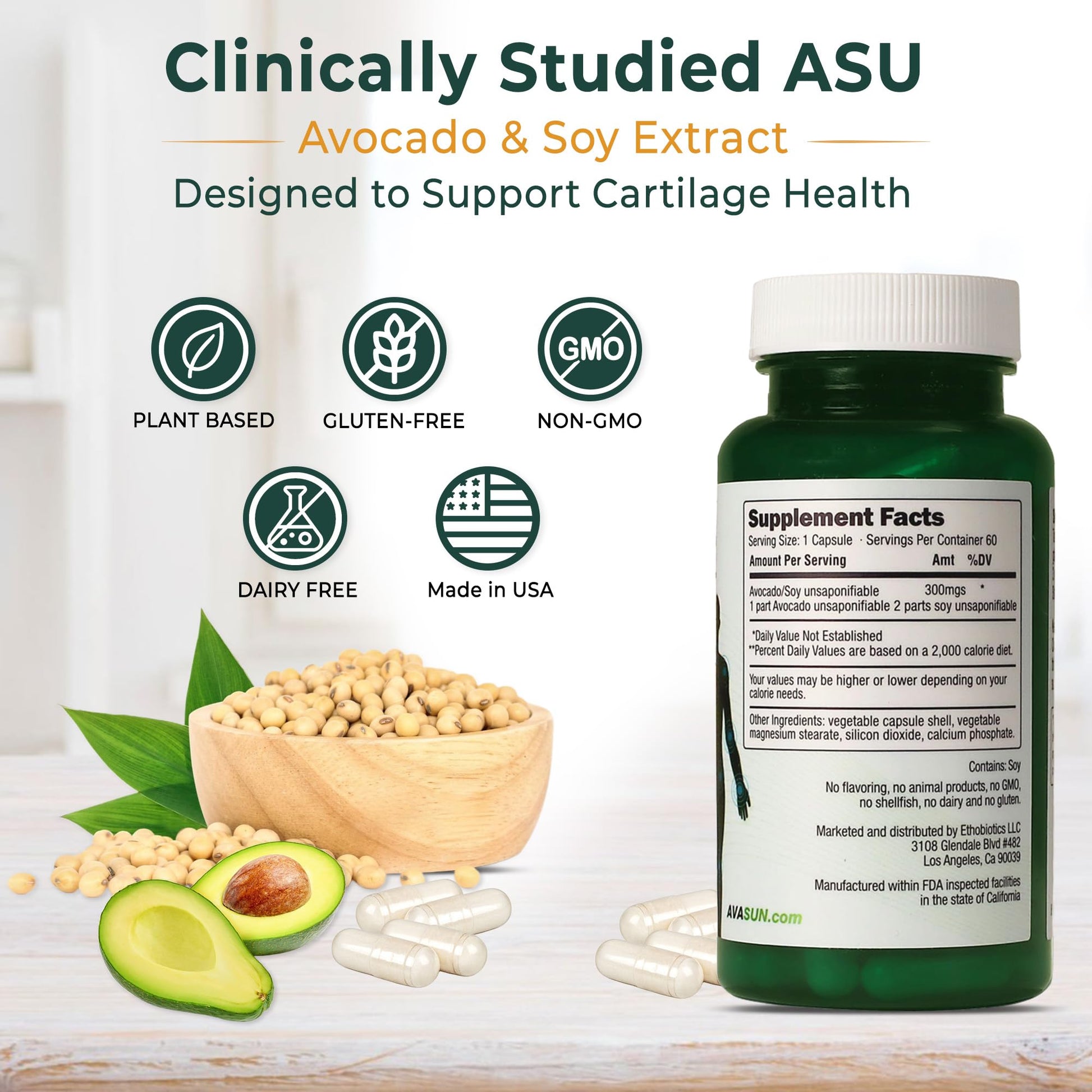 ASU Joint Support Supplement – 300mg Avocado Soy Unsaponifiables for Joint Comfort, Mobility & Cartilage Health, Clinically Studied, Plant-Based, Non-GMO, Gluten-Free, 60 Capsules (2 Month Supply) AvaSun Au supplements