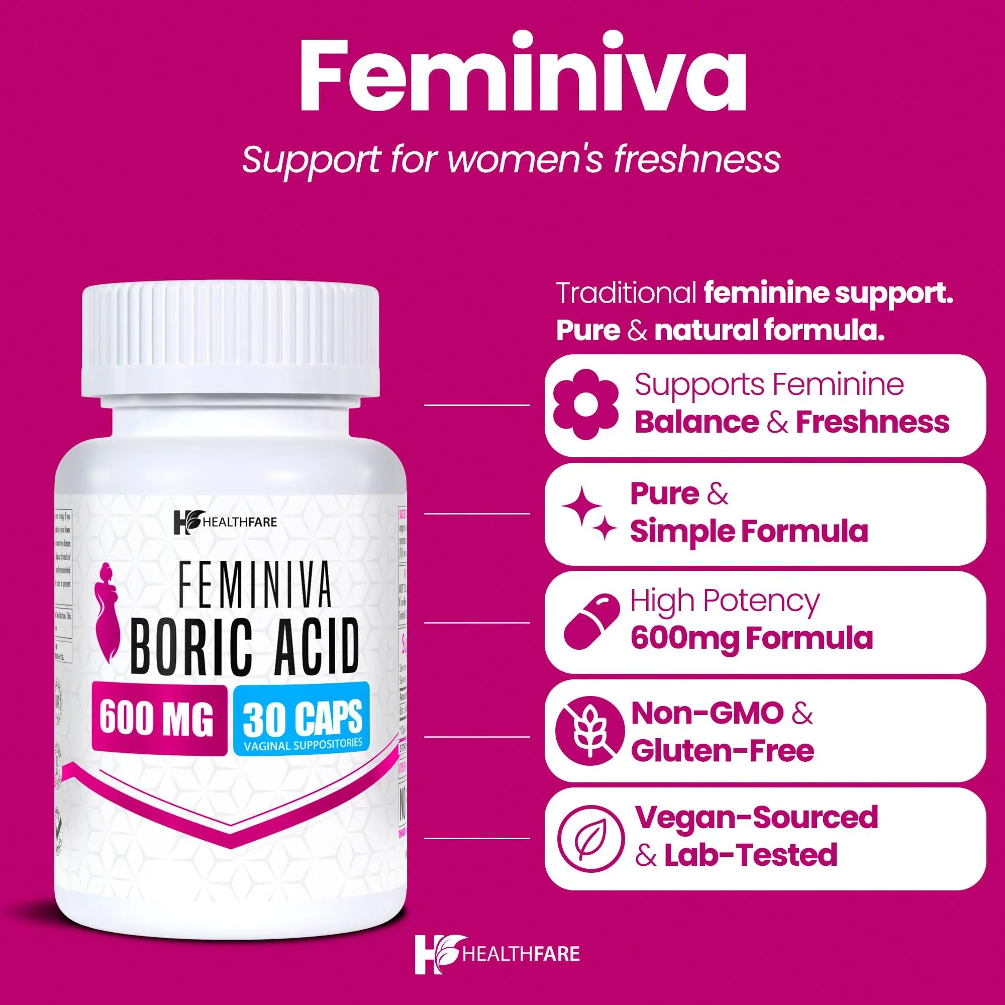 Healthfare Feminiva Boric Acid Suppositories | 2-Pack | 30 Vaginal Suppositories Each | 600mg | 100% Pure | Made in The USA Healthfare Au supplements