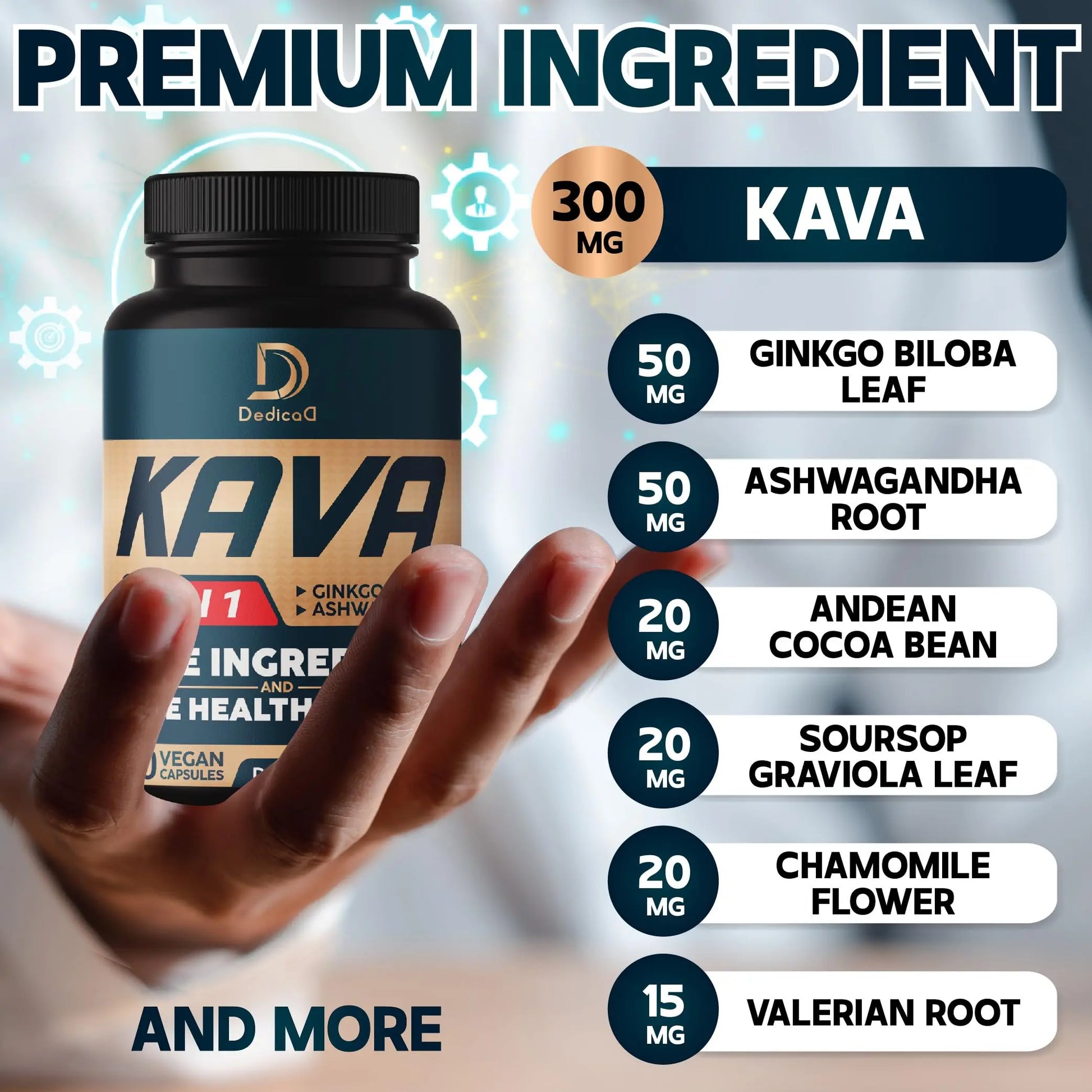 DEDICAD Kava Kava Capsules - 3 Month Supply - 9 Herbs with Ginkgo Biloba, Ashwagandha Root, Andean Cocoa, Graviola Leaf, Chamomile, Valerian, Lemon Balm & Skullcap - Support Mood & Immune - 90 Pills DEDICAD Au supplements