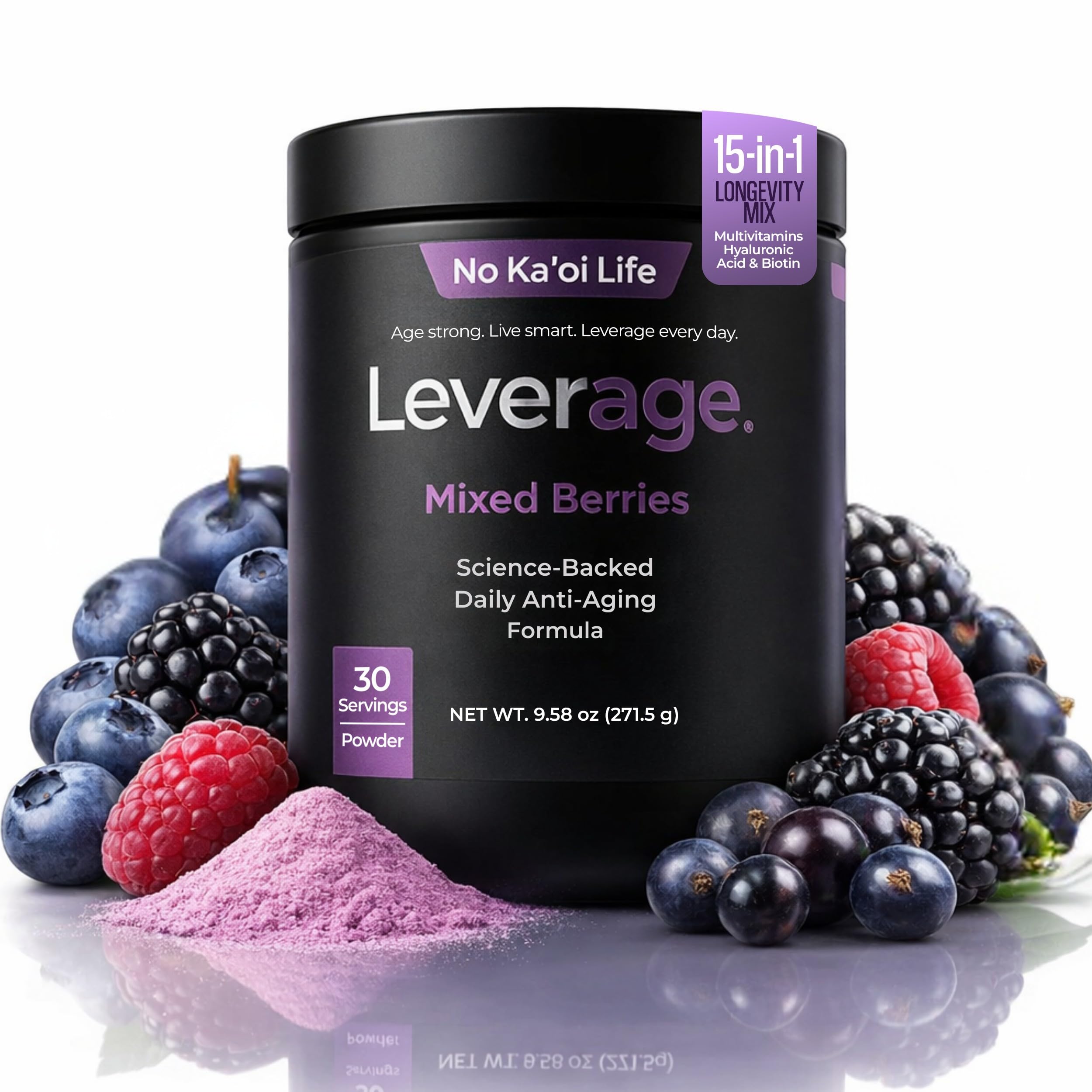 Leverage Mixed Berries Anti–Aging Supplement & Longevity Mix - Daily Wellness Multivitamin Powder with Hyaluronic Acid, L-Glycine & Magnesium for Skin, Energy, Cognitive Function & Joint–30 Servings Leverage Au supplements