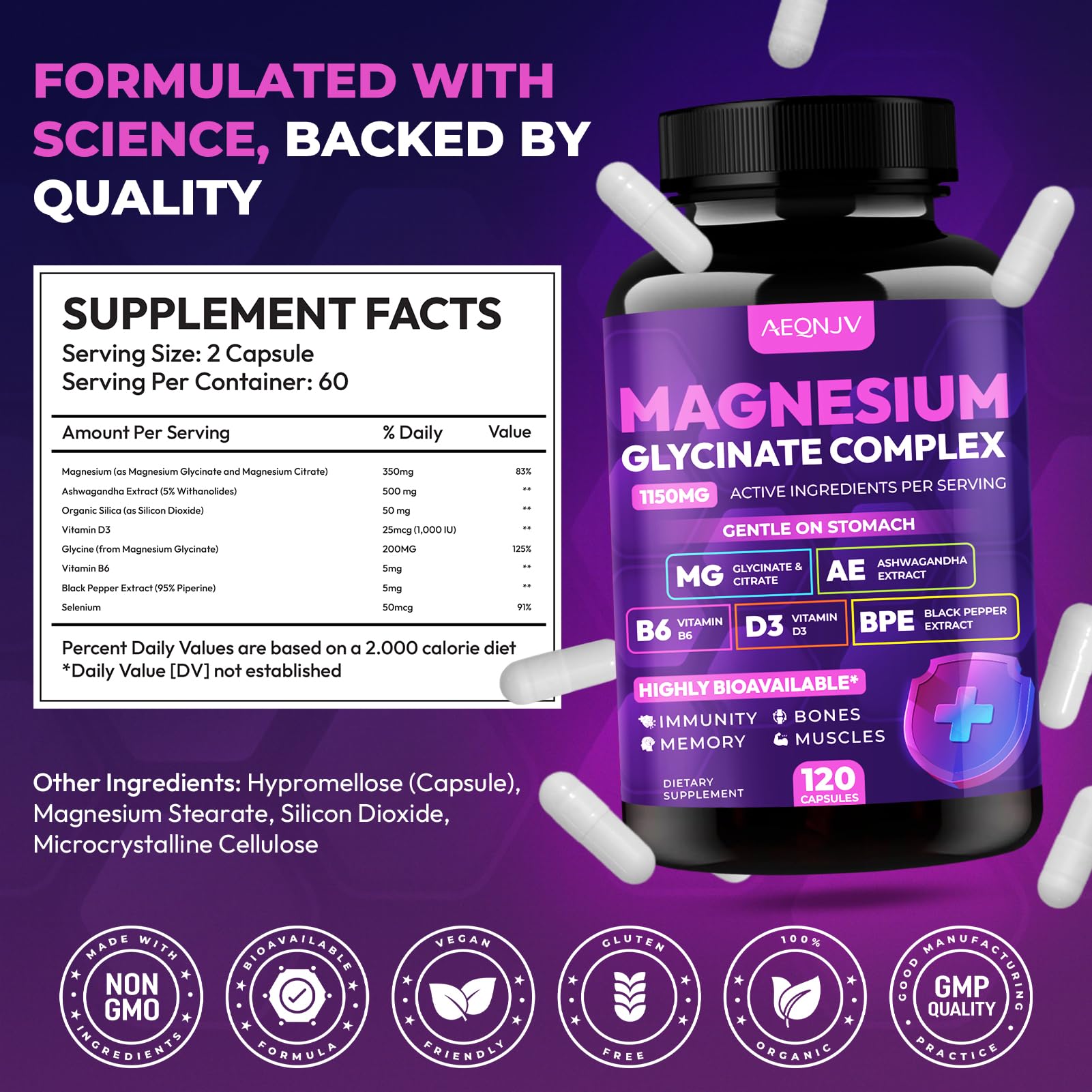 Magnesium Glycinate Complex 1150mg - Gentle on Stomach High Absorption Magnesium Capsules with Citrate, Silica, Ashwagandha & Vitamin B6 for Zzz, Stress Relief, Muscle Support for Adults, Women & Men AEQNJV Au supplements