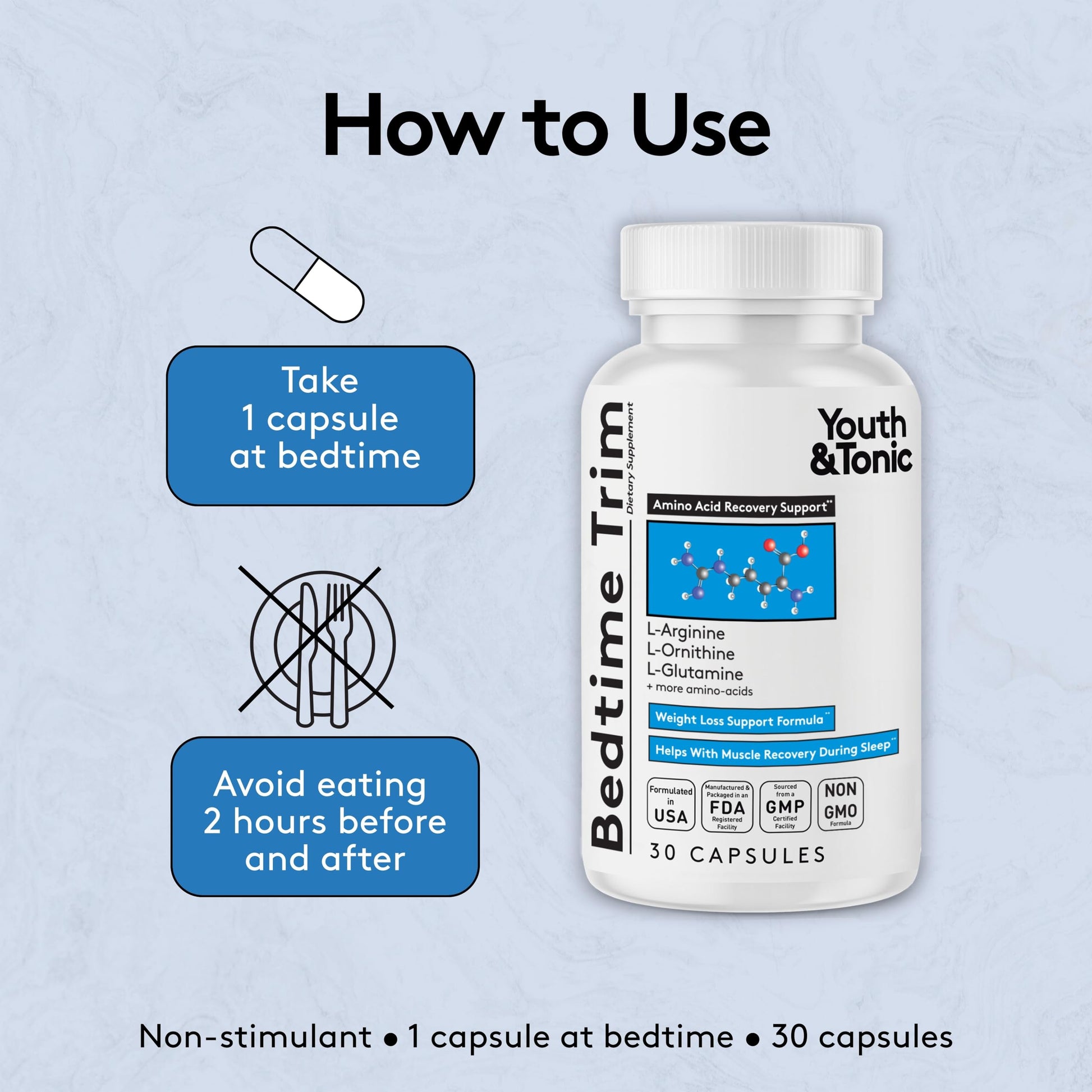 Youth & Tonic PM Bedtime Trim for Lean Appearance & Muscle Definition Support – Nighttime Amino Acids Supplement for Overnight Recovery, Men & Women, 30 Capsules Youth & Tonic Au supplements