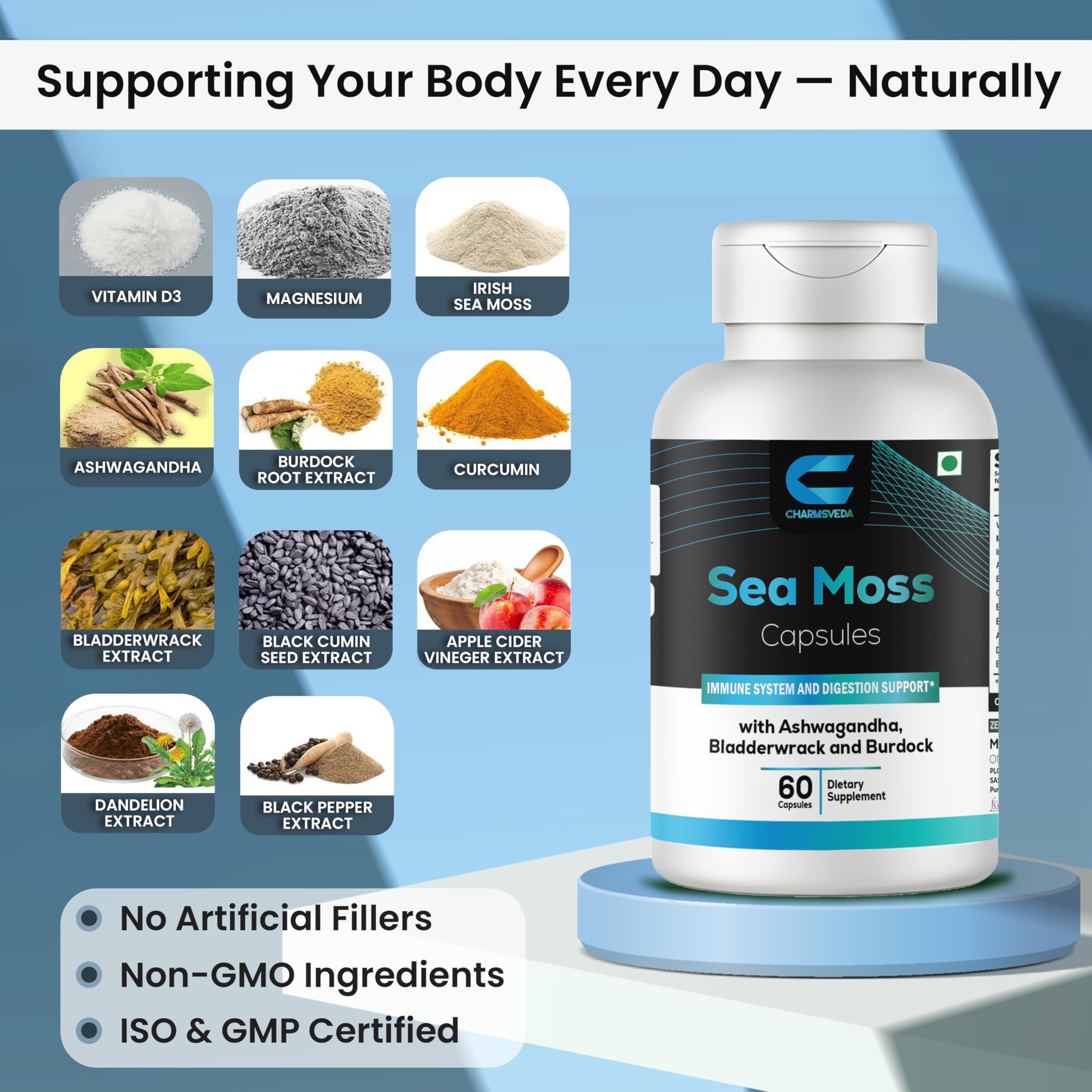 CHARMSVEDA Sea Moss Capsules with Ashwagandha, Bladderwrack & Burdock – Overall Wellness & Immune Support, Support Digestive & Gut Health* – 60 Vegan Capsules CHARMSVEDA Au supplements