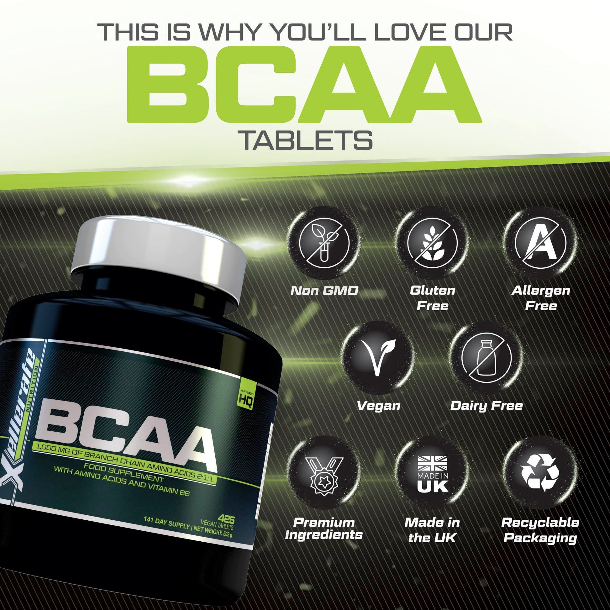 BCAA 1000mg - 425 Vegan Tablets - 3000mg Daily Serving - 141 Day Supply - 2:1:1 BCAAs Xellerate NUTRITION Au supplements