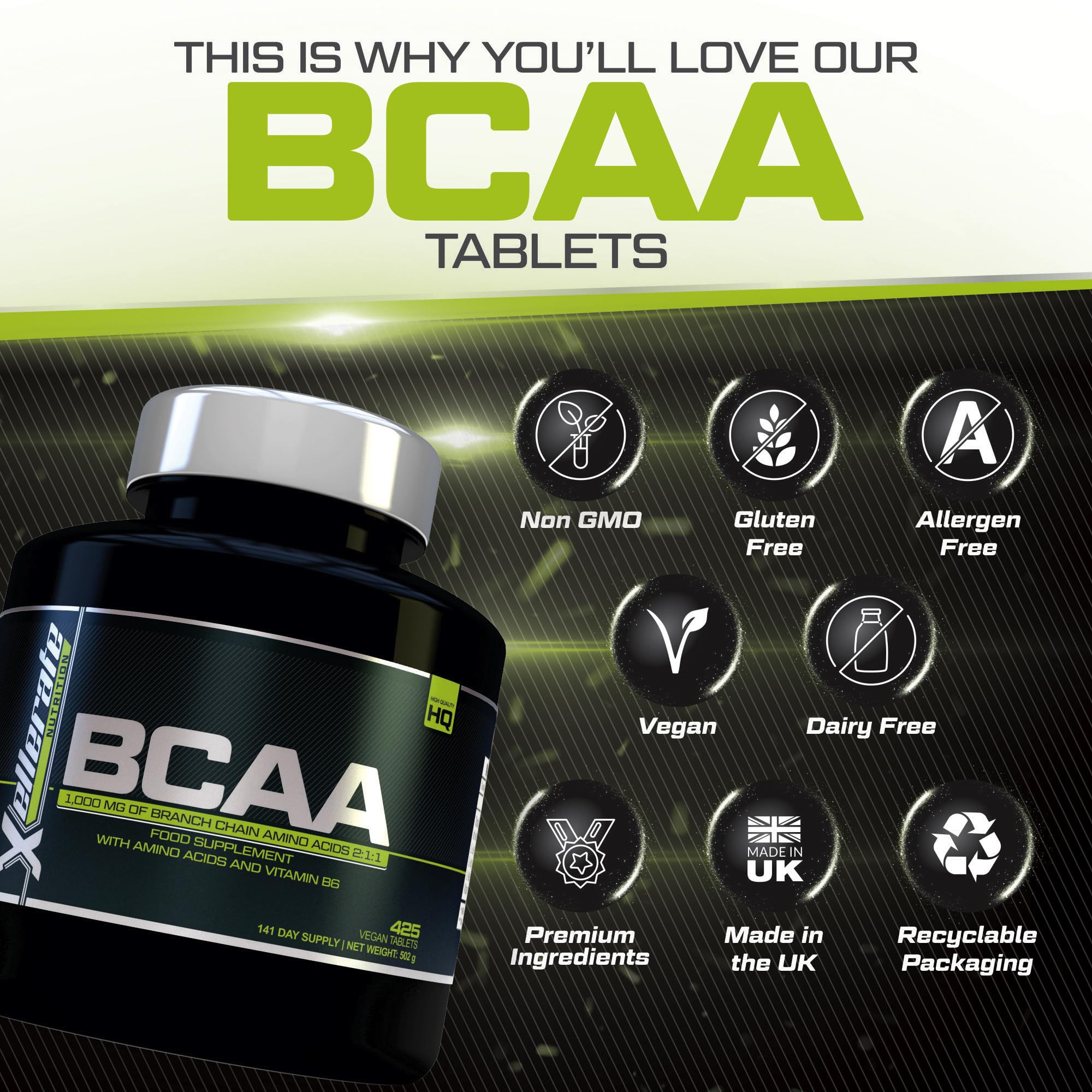 BCAA 1000mg - 425 Vegan Tablets - 3000mg Daily Serving - 141 Day Supply - 2:1:1 BCAAs Xellerate NUTRITION Au supplements