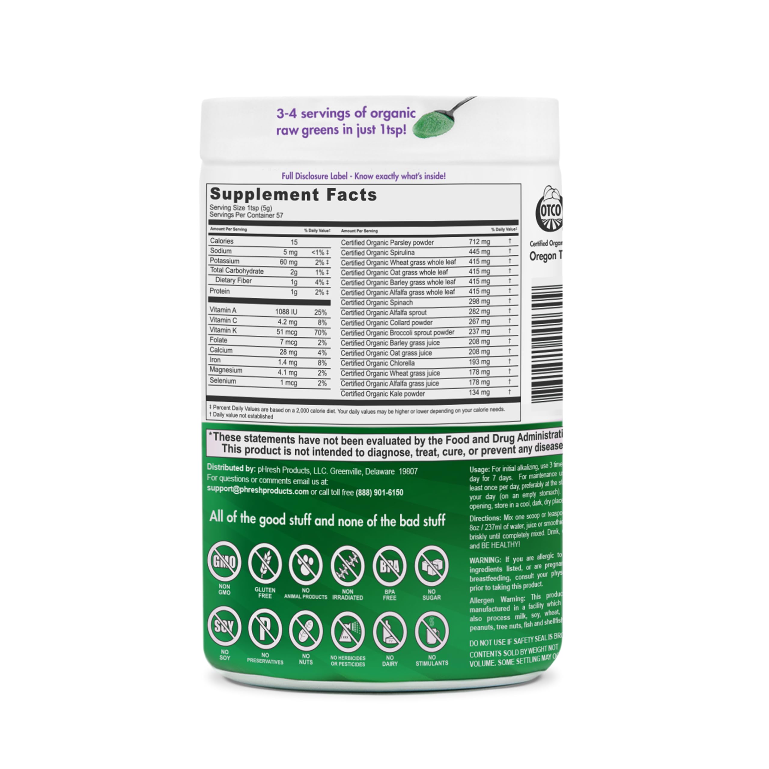 pHresh - Greens Raw Alkalizing Superfood Greens Powder - 2 Month Supply - Vegan, Kosher, Gluten Free - Natural Enzymes, Nutrients - Approved for Intermittent Fasting - 10 oz Phresh Products Au supplements