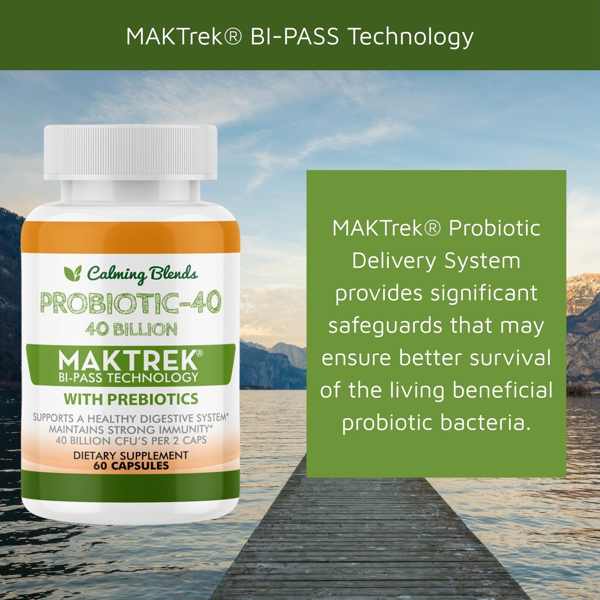 CALMING BLENDS Probiotic, 40 Billion CFU, Bi-Pass Delivery System for Maximum Effectiveness, Shelf Stable, 60 Vegetable Capsules CALMING BLENDS Au supplements