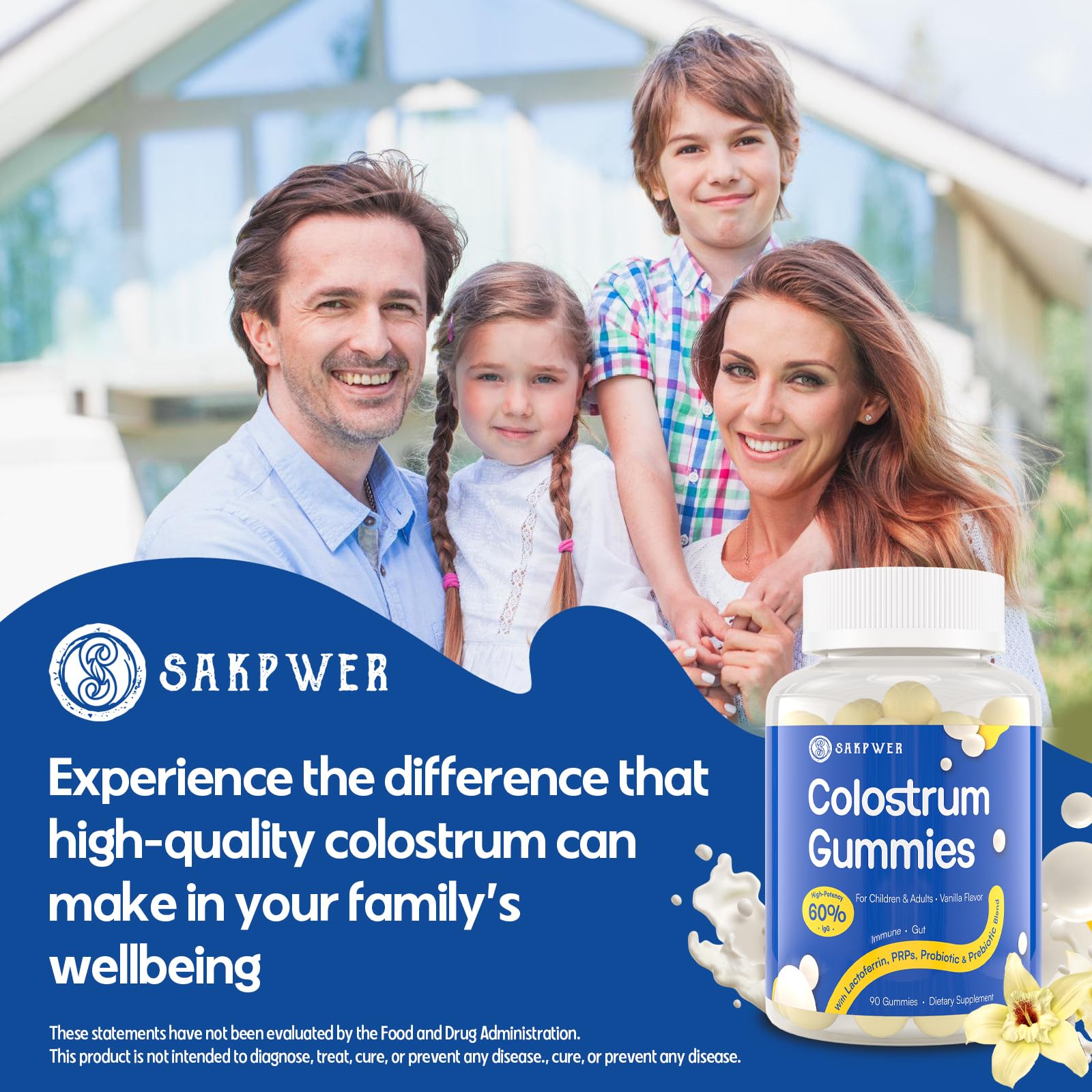 Sakpwer Bovine Colostrum Supplement Gummies - with 60% Highest IgG, Lactoferrin, Probiotics and Prebiotics for Adults and Kids, Vanilla Flavor & Sugar Free, 90 Gummies Sakpwer Au supplements