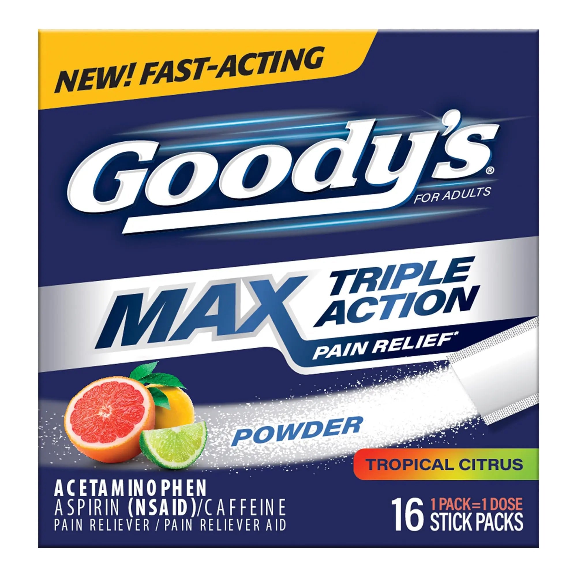 Goody’s Max Triple Action Pain Relief – Headache Relief Powder with Acetaminophen, Aspirin & Caffeine for Fast, Effective Relief of Tough Headaches, Tropical Citrus, 16 Count Goody's Au supplements