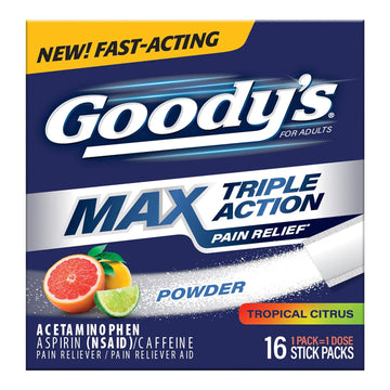 Goody’s Max Triple Action Pain Relief – Headache Relief Powder with Acetaminophen, Aspirin & Caffeine for Fast, Effective Relief of Tough Headaches, Tropical Citrus, 16 Count Goody's Au supplements