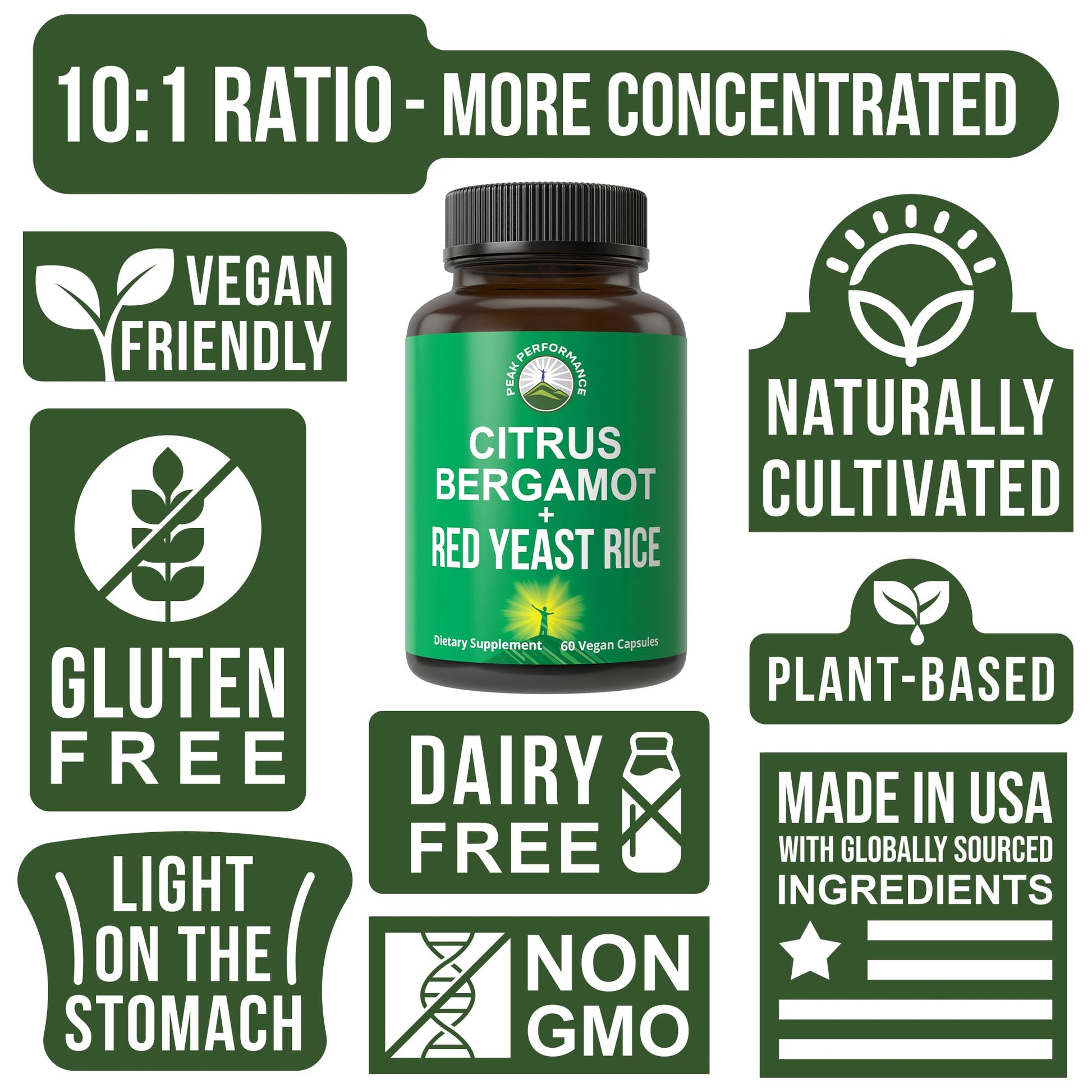 Citrus Bergamot + Red Yeast Rice. 2-in-1 Supplement. High Strength 10:1 Bergamot Extract. No Gluten, Zero Sugar, Vegan Capsules Peak Performance Au supplements