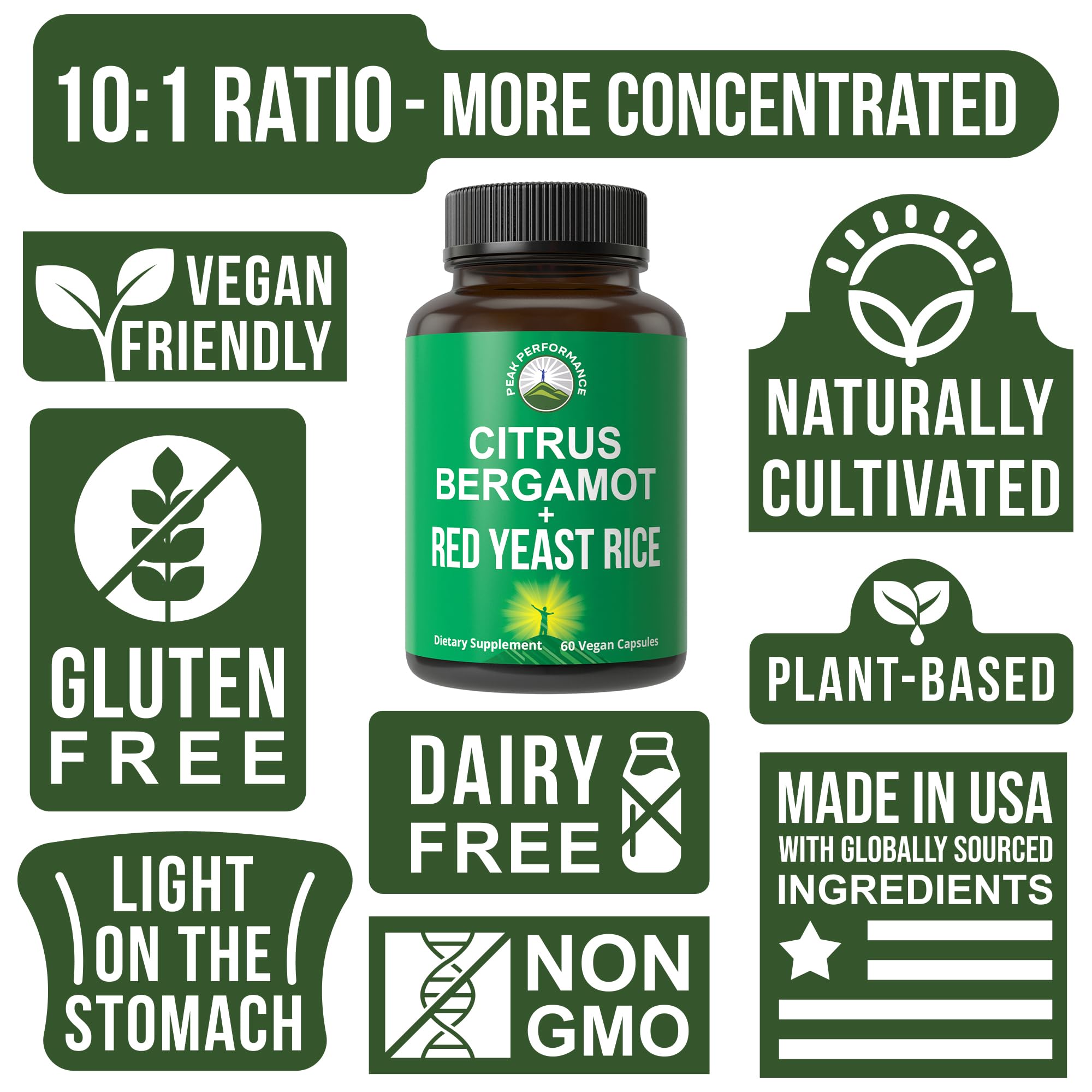 Citrus Bergamot + Red Yeast Rice. 2-in-1 Supplement. High Strength 10:1 Bergamot Extract. No Gluten, Zero Sugar, Vegan Capsules Peak Performance Au supplements