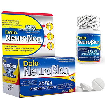 Dolo Neurobion Pain Reliever, Fever Reducer, Extra Strength. Alivia el Dolor,Reduce la Fiebre, Extra Fuerte. 60 Tablets. Acetaminophen 500 mg Neurobion Au supplements
