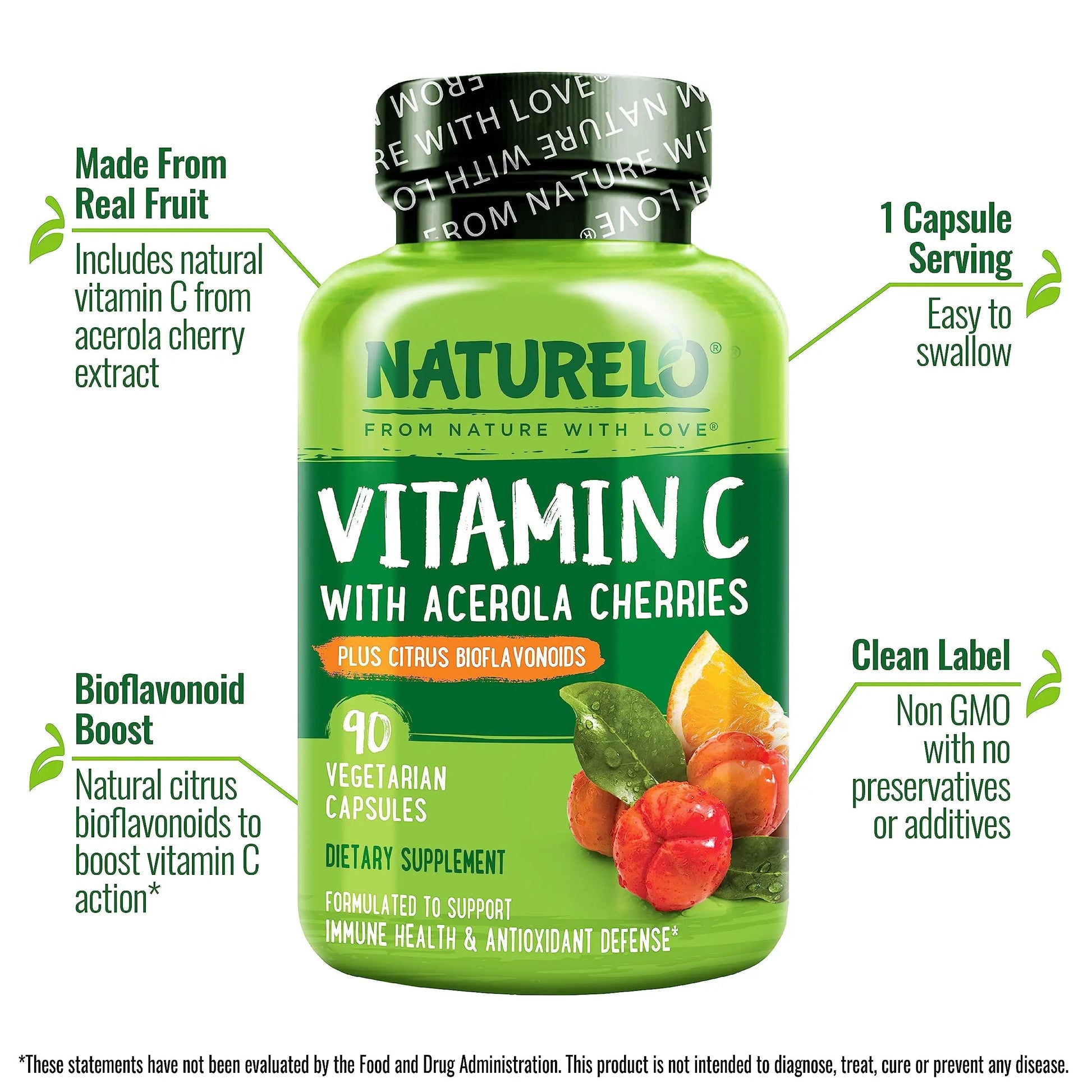NATURELO Vitamin C with Organic Acerola Cherry Extract and Citrus Bioflavonoids - Vegan Supplement - Immune Support NATURELO Au supplements