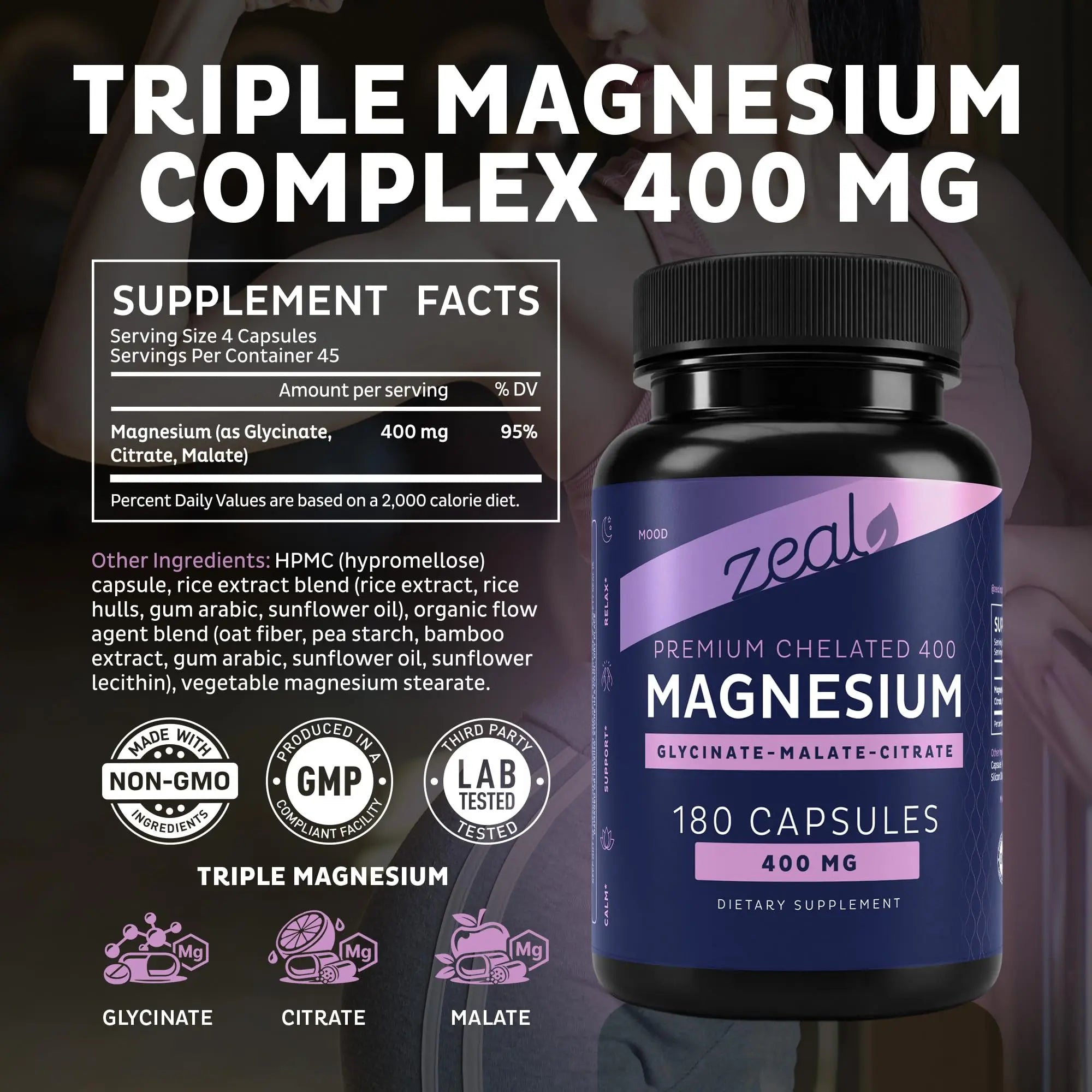 Zeal Naturals Triple Magnesium Complex Supplement - Glycinate, Malate, Citrate | 400mg, 180 Capsules | High Absorption Chelated Magnesium for Sleep, Mood, Muscle Recovery, Relaxation Zeal Naturals Au supplements
