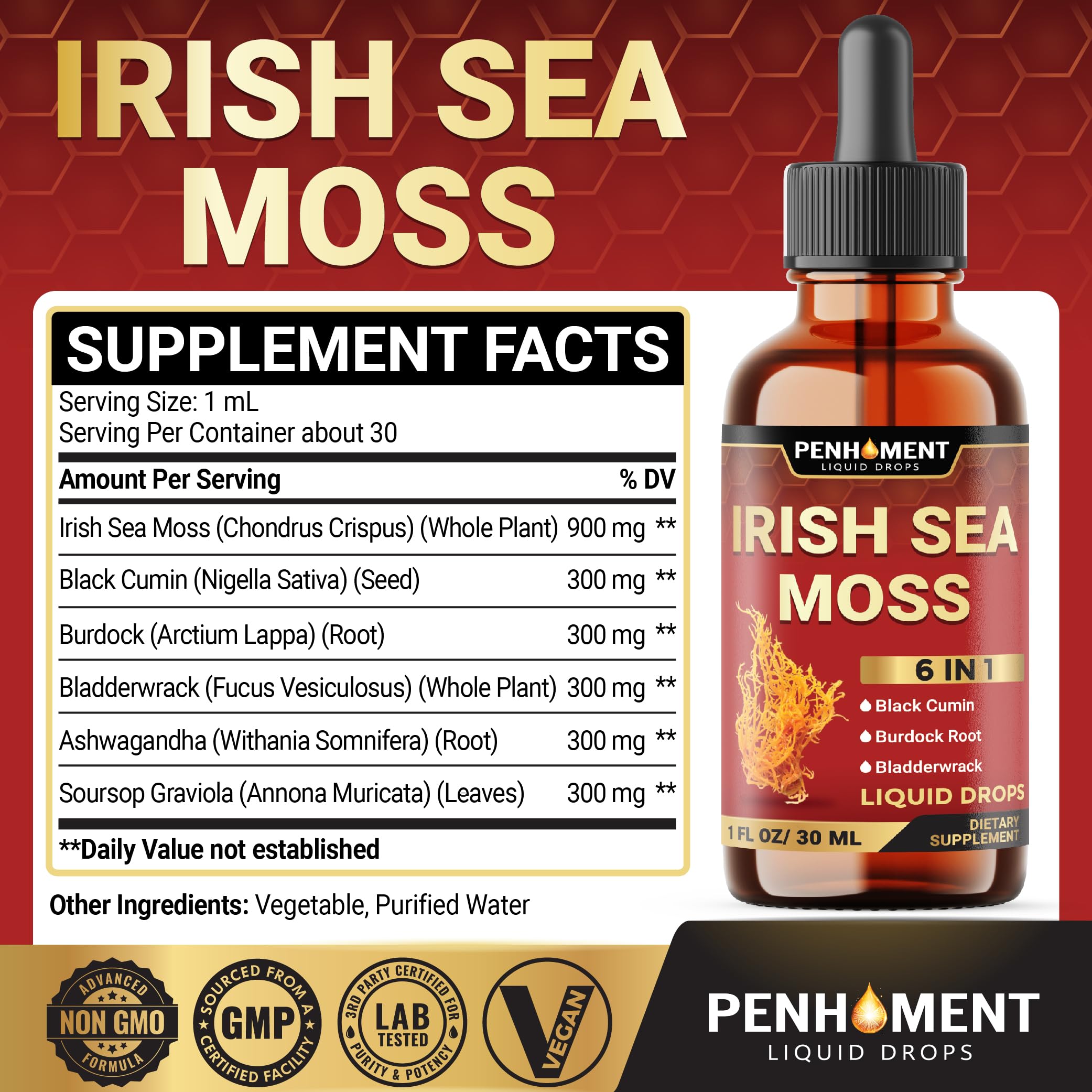 Penhoment 6in1 Sea Moss Drops with Black Seed Oil Irish Seamoss, Ashwagandha, Burdock Root & Bladderwrack - 1FL Oz - 30 Day Supply Penhoment Au supplements
