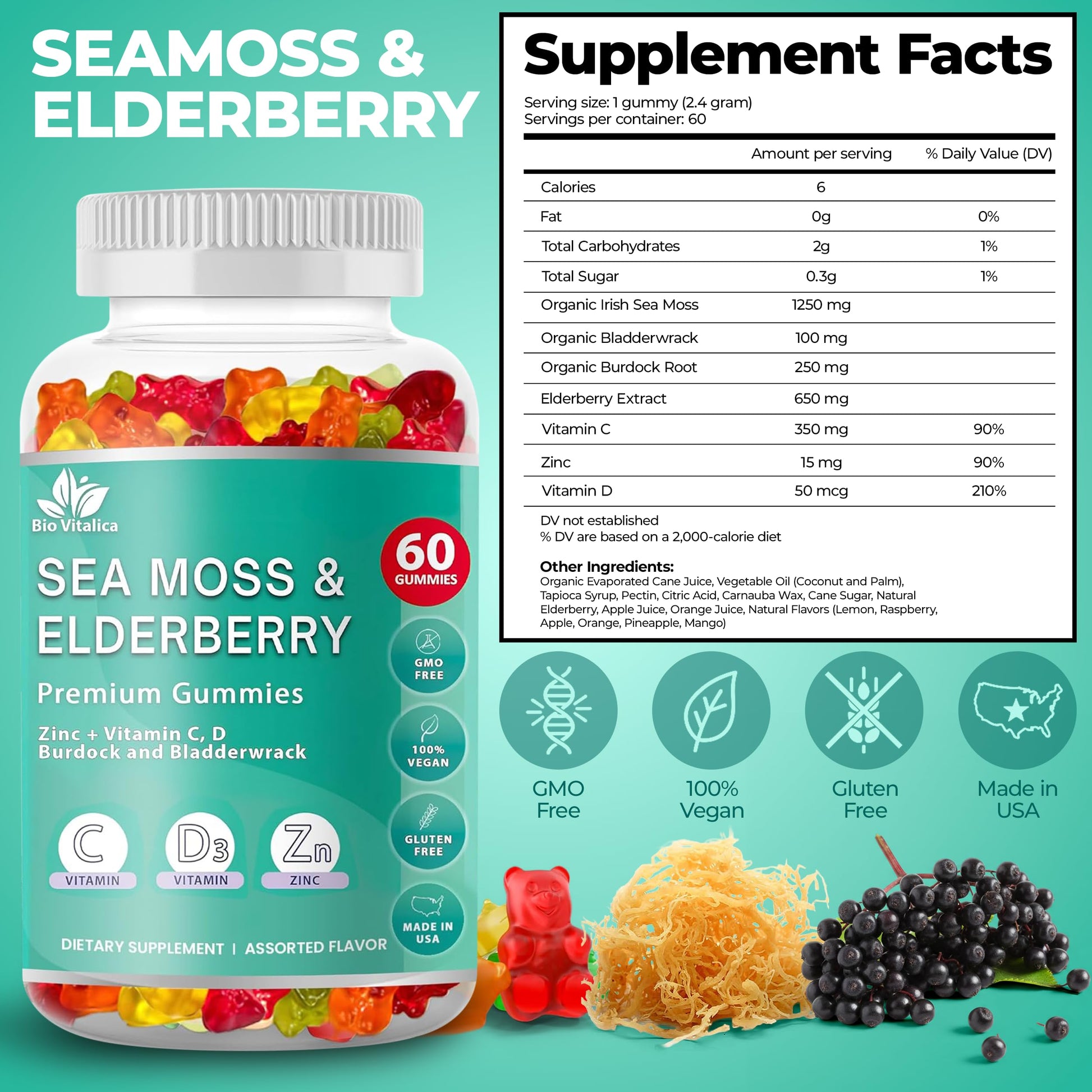 BIO VITALICA Irish Sea Moss Gummies with Elderberry – USA Made Vegan Gummies with Vitamin C, D & Zinc – Immune Support Supplement with Bladderwrack & Burdock Root for Adults & Kids – 3 Packs BIO VITALICA Au supplements