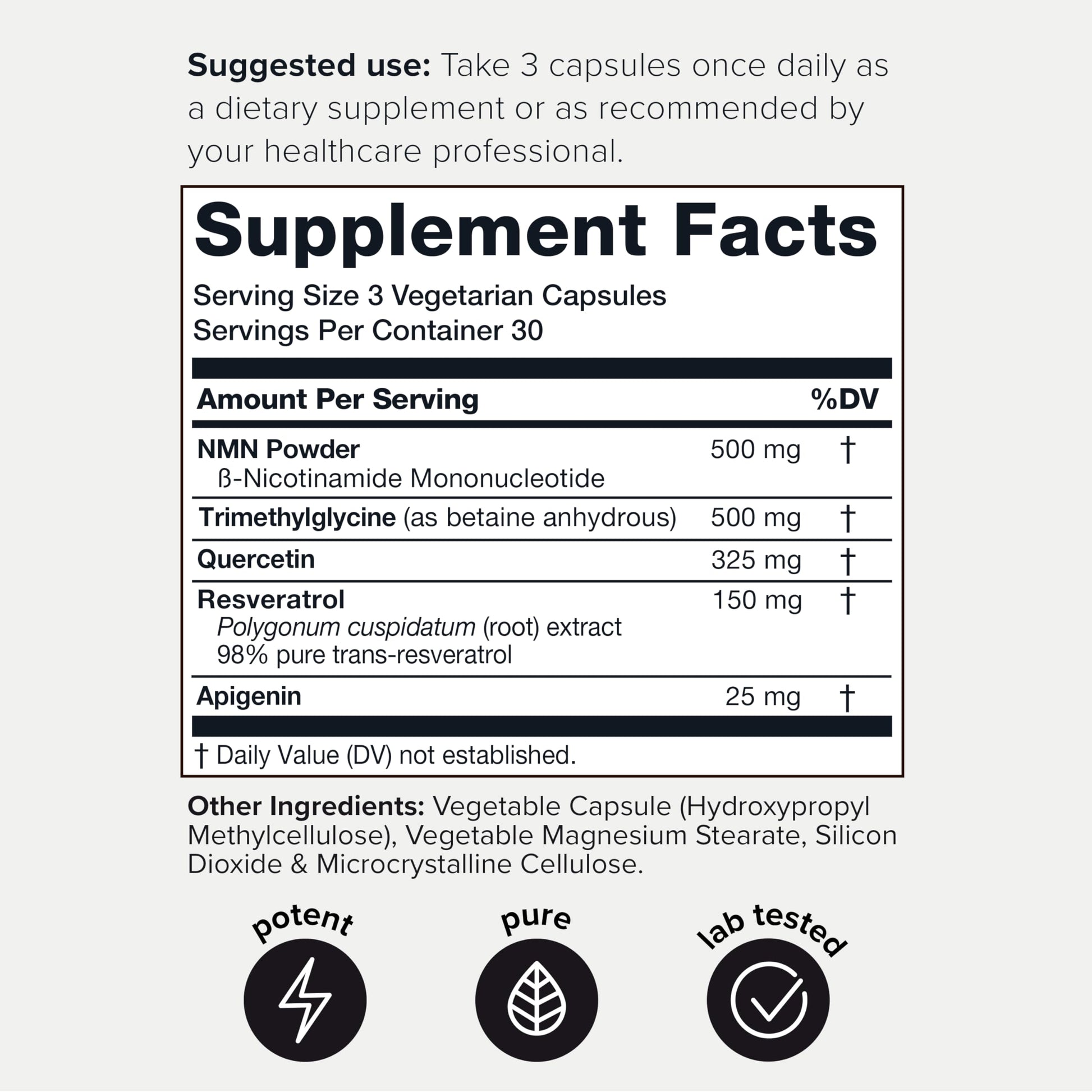 1500mg NMN Supplement with Resveratrol – High Potency Nicotinamide Mononucleotide 500mg with Trimethylglycine, Quercetin, Resveratrol & Apigenin – Pure NMN Capsules – Third-Party Tested – 30 Servings Toniiq Au supplements