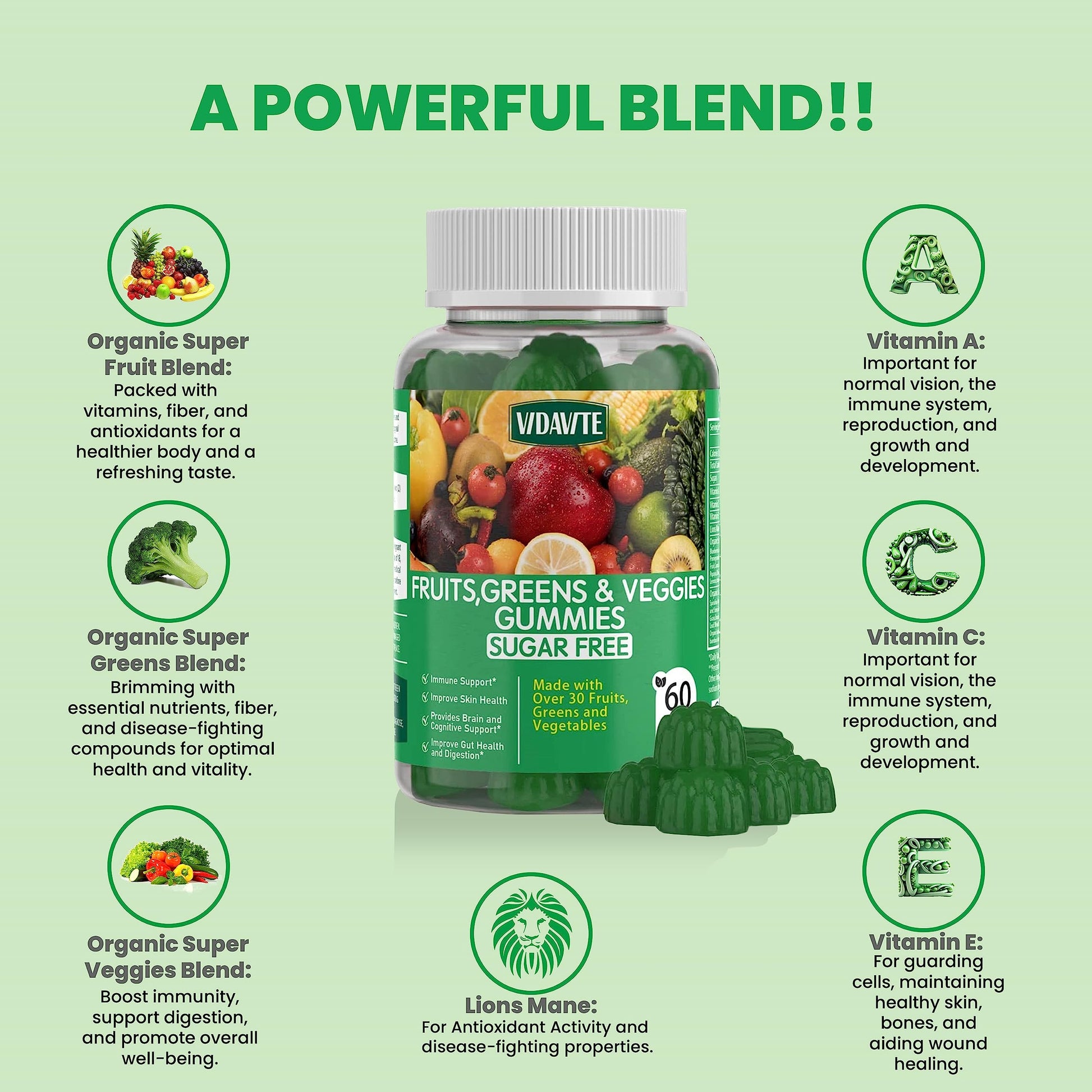 VIDAVITE Sugar-free Super Greens Gummies — US-Made, 35+ Fruit and Veggie gummies to Boost Immunity, Skin & Gut Health — Ideal Fruits and Vegetables Supplement for Adults & Picky Teens (30-Days Supply) VIDAVITE Au supplements