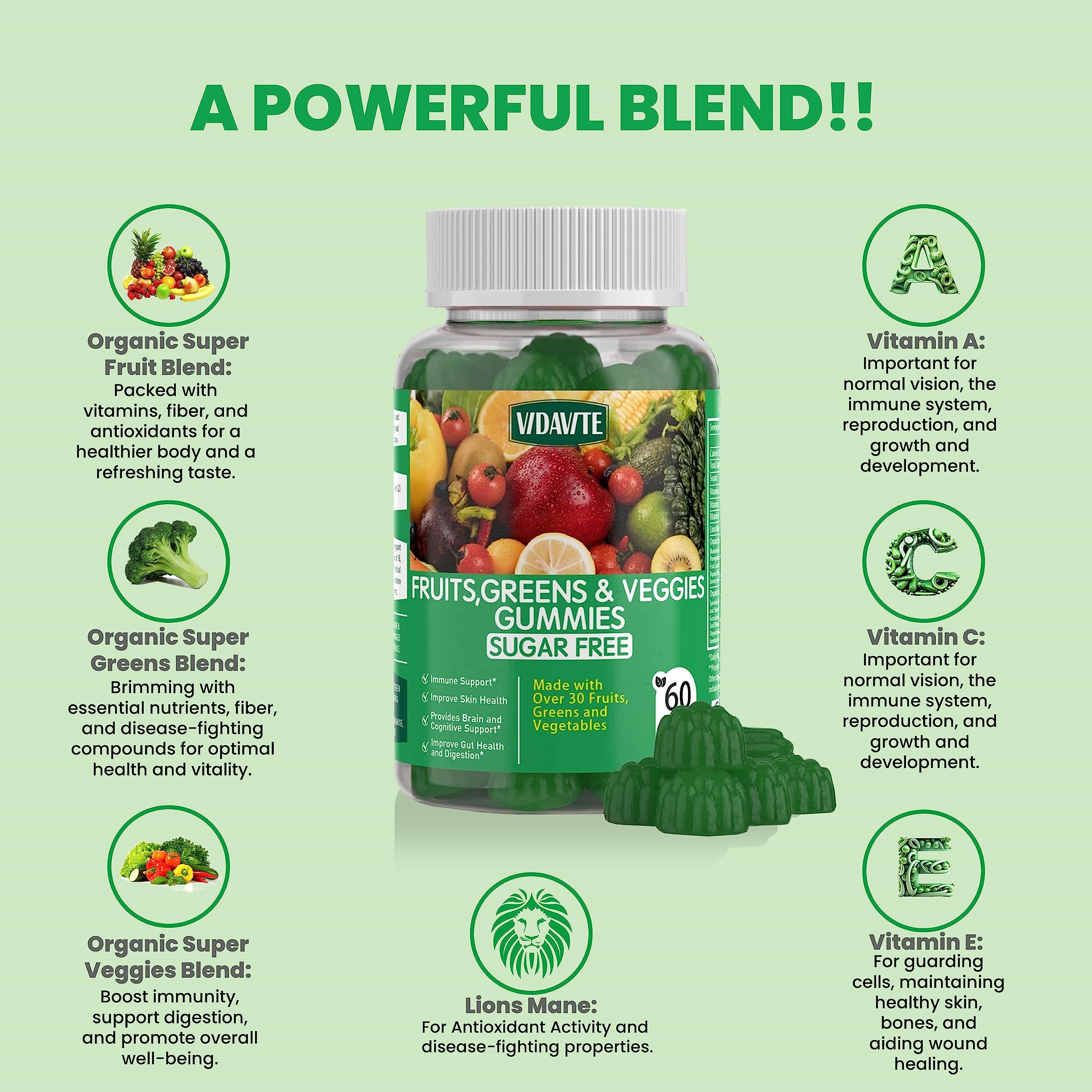 VIDAVITE Sugar-free Super Greens Gummies — US-Made, 35+ Fruit and Veggie gummies to Boost Immunity, Skin & Gut Health — Ideal Fruits and Vegetables Supplement for Adults & Picky Teens (30-Days Supply) VIDAVITE Au supplements