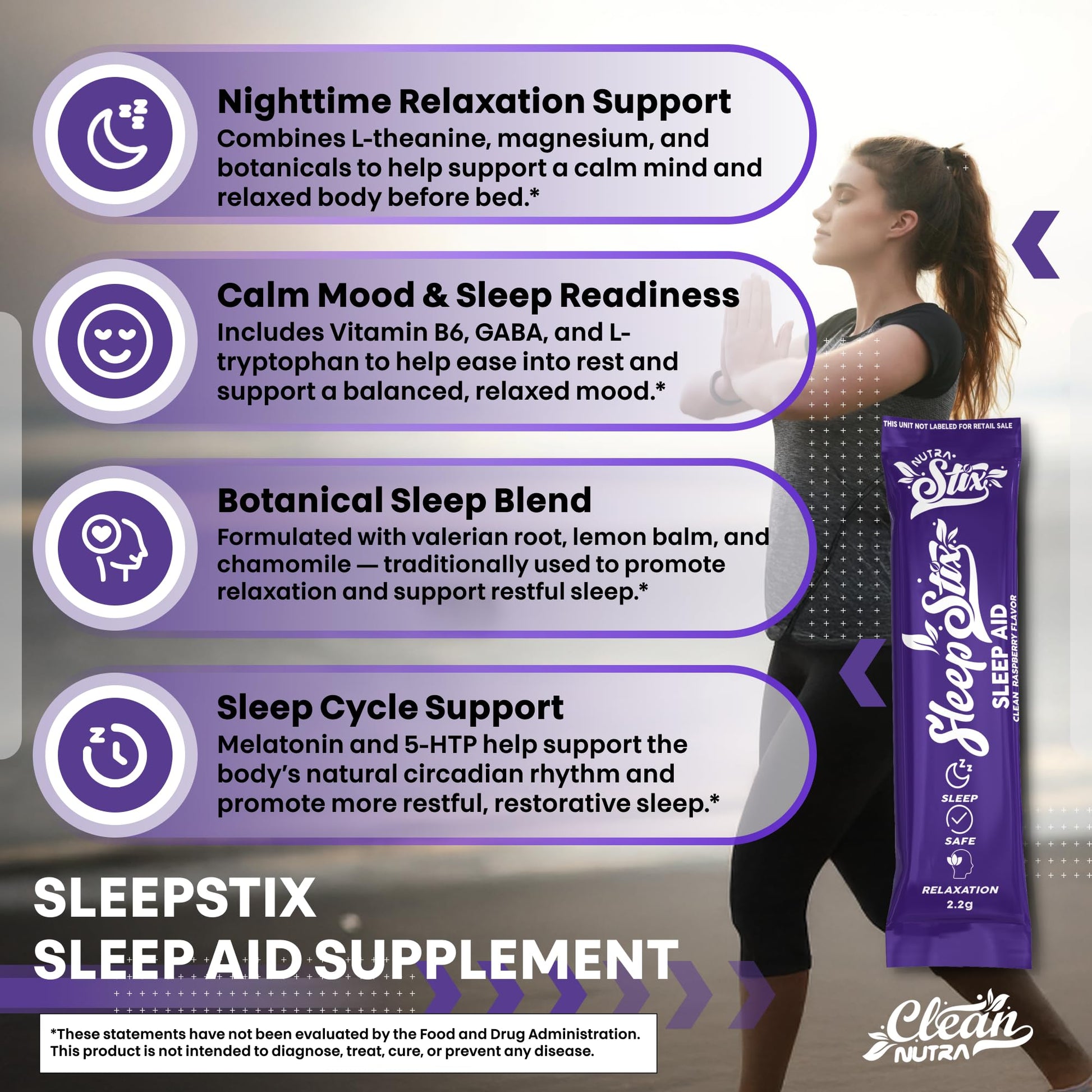 Sleep Aid Melatonin Powder Tryptophan Glycine Valerian Root Magnesium For Sleep Lemon Balm L Theanine Magnesium Glycinate Zinc Sleep Aid Myo Inositol GABACalm B6 5 HTP Stress Relief 20 Stix Clean Nutraceuticals Au supplements