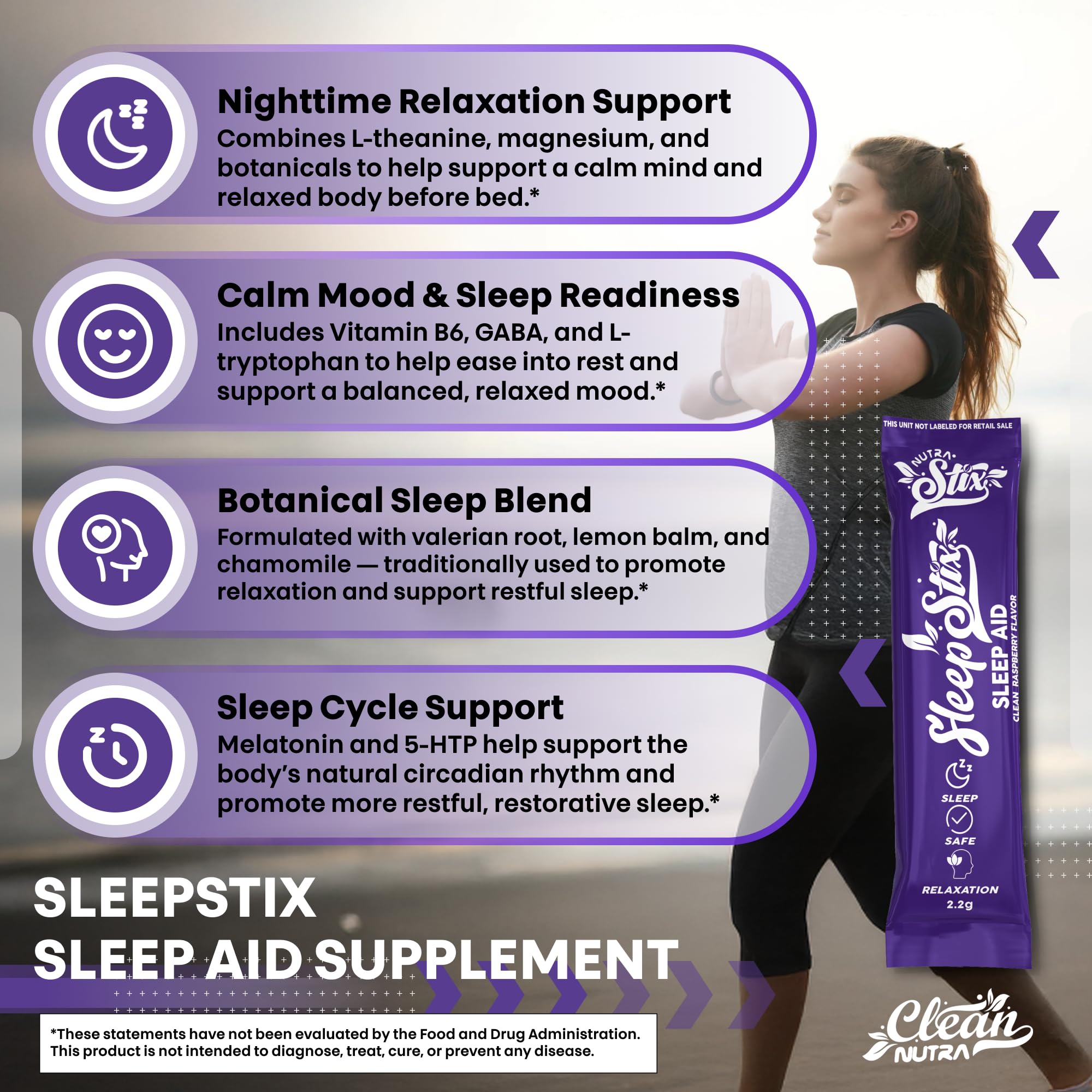 Sleep Aid Melatonin Powder Tryptophan Glycine Valerian Root Magnesium For Sleep Lemon Balm L Theanine Magnesium Glycinate Zinc Sleep Aid Myo Inositol GABACalm B6 5 HTP Stress Relief 20 Stix Clean Nutraceuticals Au supplements
