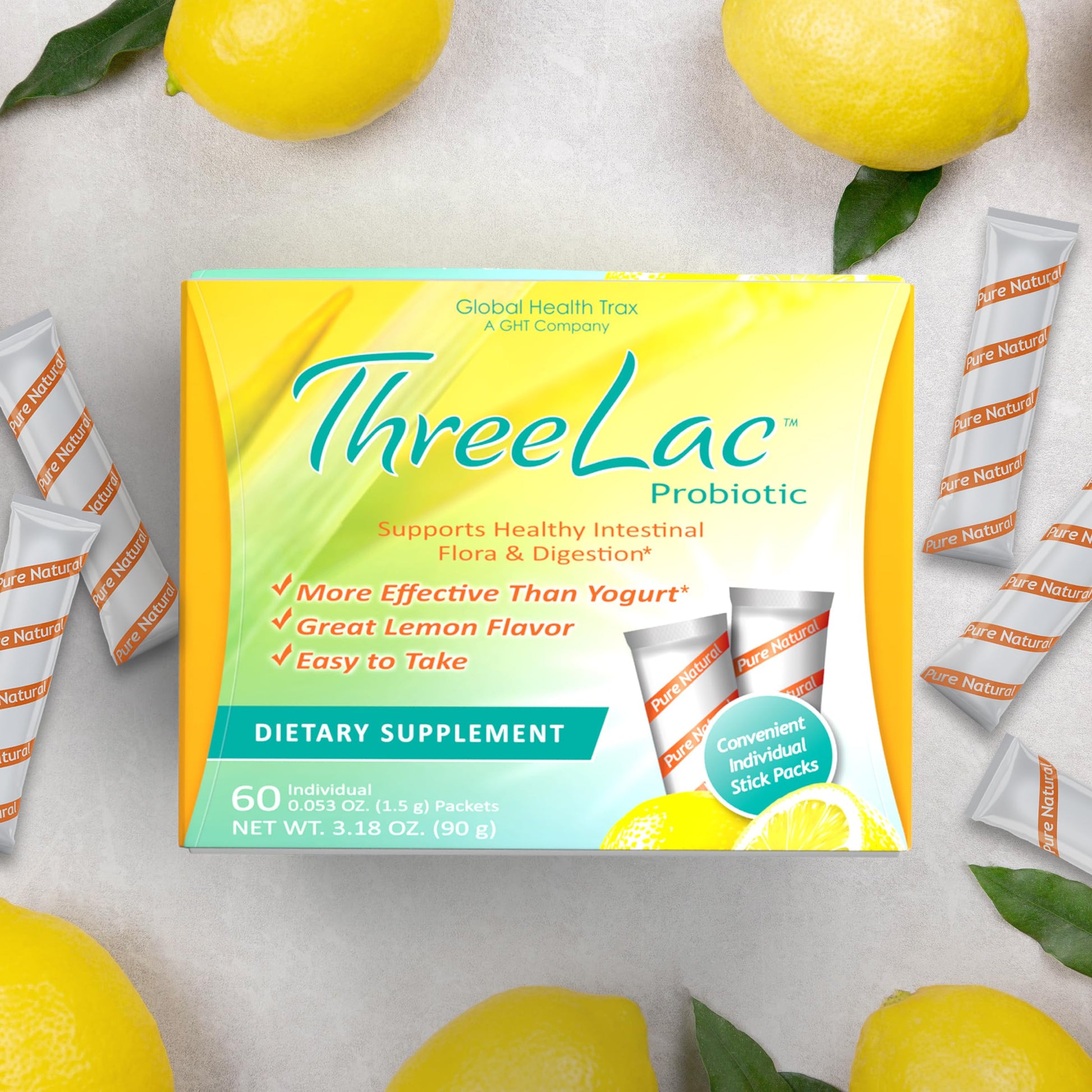 Global Health Trax GHT - ThreeLac Lemon Probiotic Drink Mix for Digestive Health - Advanced Probiotic Powder Formula for Men, Women & Kids - Immune Support & Gut Balance, Non-GMO - 60 Packets ght Global Health Trax Au supplements