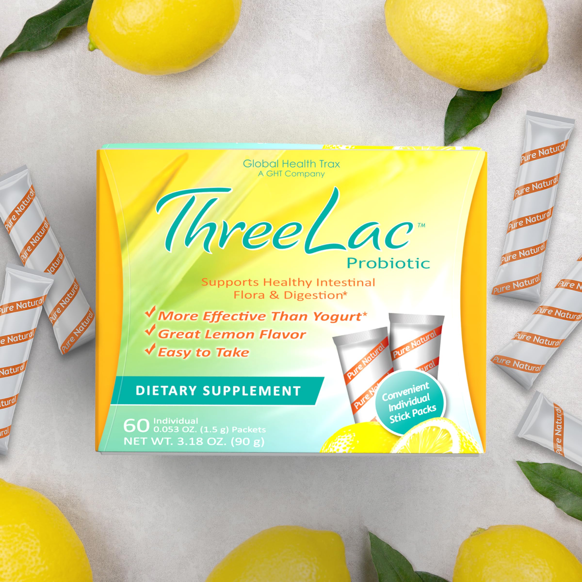 Global Health Trax ThreeLac Lemon Probiotic Drink Mix for Digestive Health - Advanced Probiotic Powder Formula for Men, Women, and Kids - Immune Support & Gut Balance, Non-GMO - 120 Packets ght Global Health Trax Au supplements