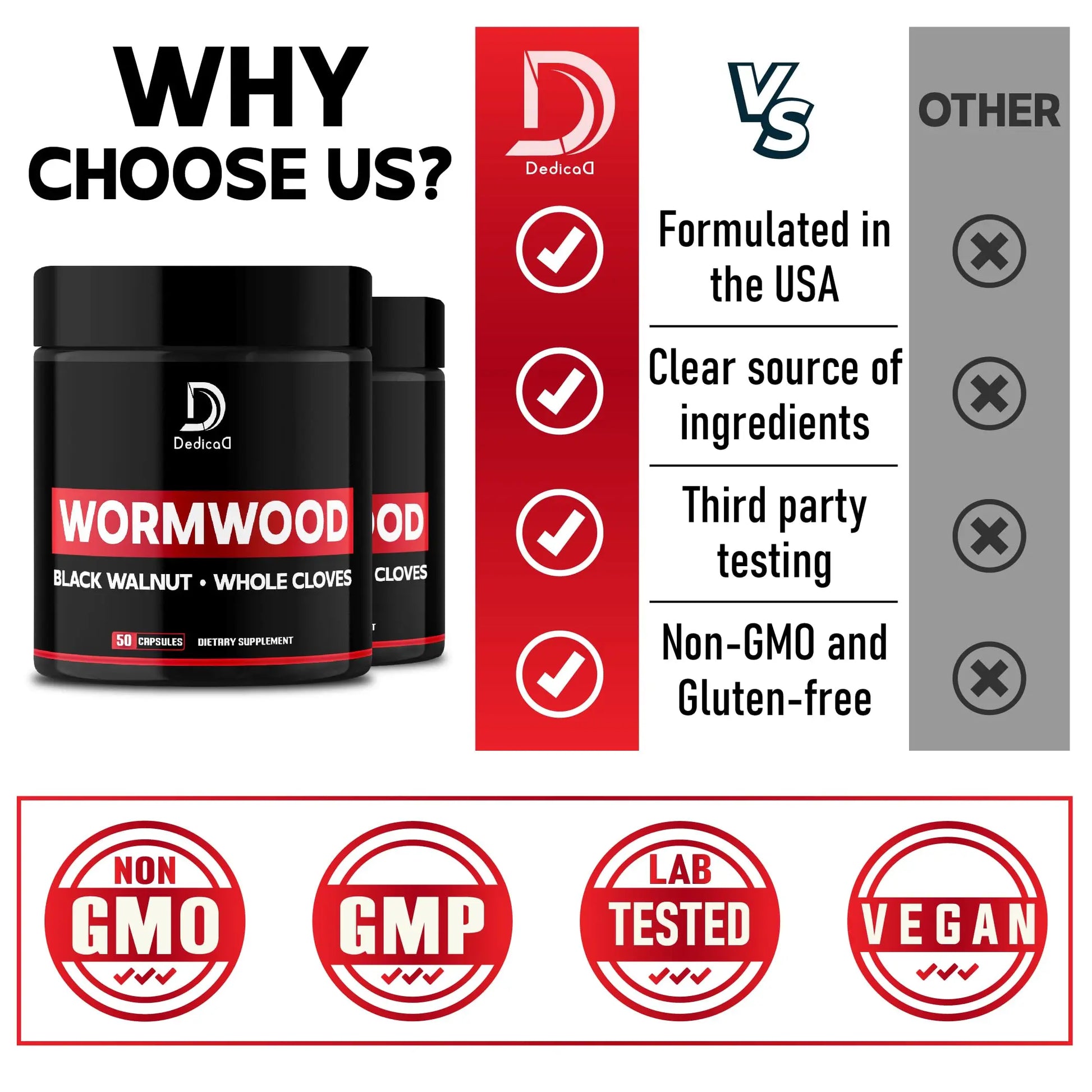 DEDICAD Wormwood Capsules - 12 Herbs Blended Black Walnut, Cloves, Ginger, Turmeric, Cinnamon, Apple, Quassia - 2 Packs 50 Capsules DEDICAD Au supplements