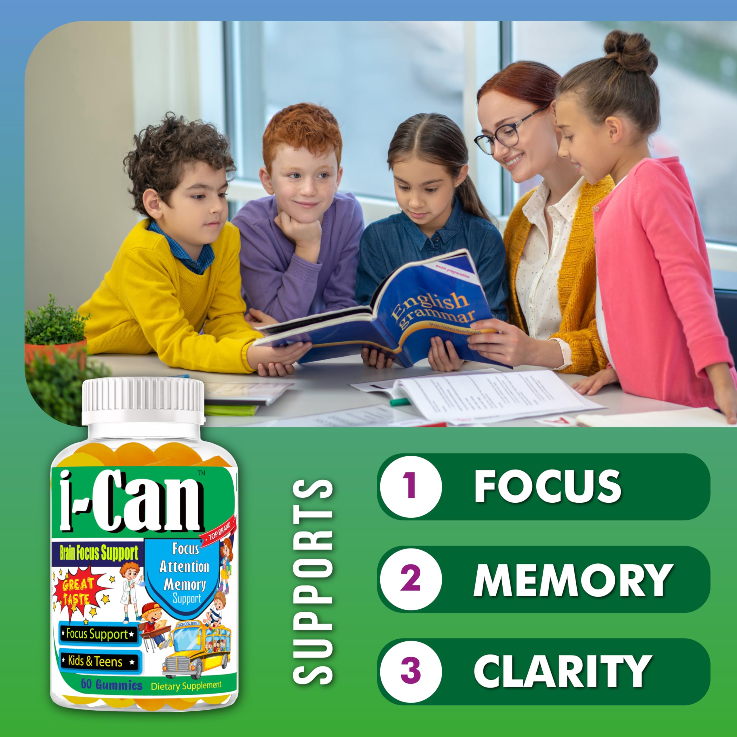 I-Can Focus Gummies for Kids & Teens, Omega 3 Gummies with DHA & EPA, Brain Health, Memory, Attention Support, Teen Brain Focus Vitamins, Non-Fishy Taste, Low Sugar, 60 Count Celebrity LifeStyle Product Au supplements