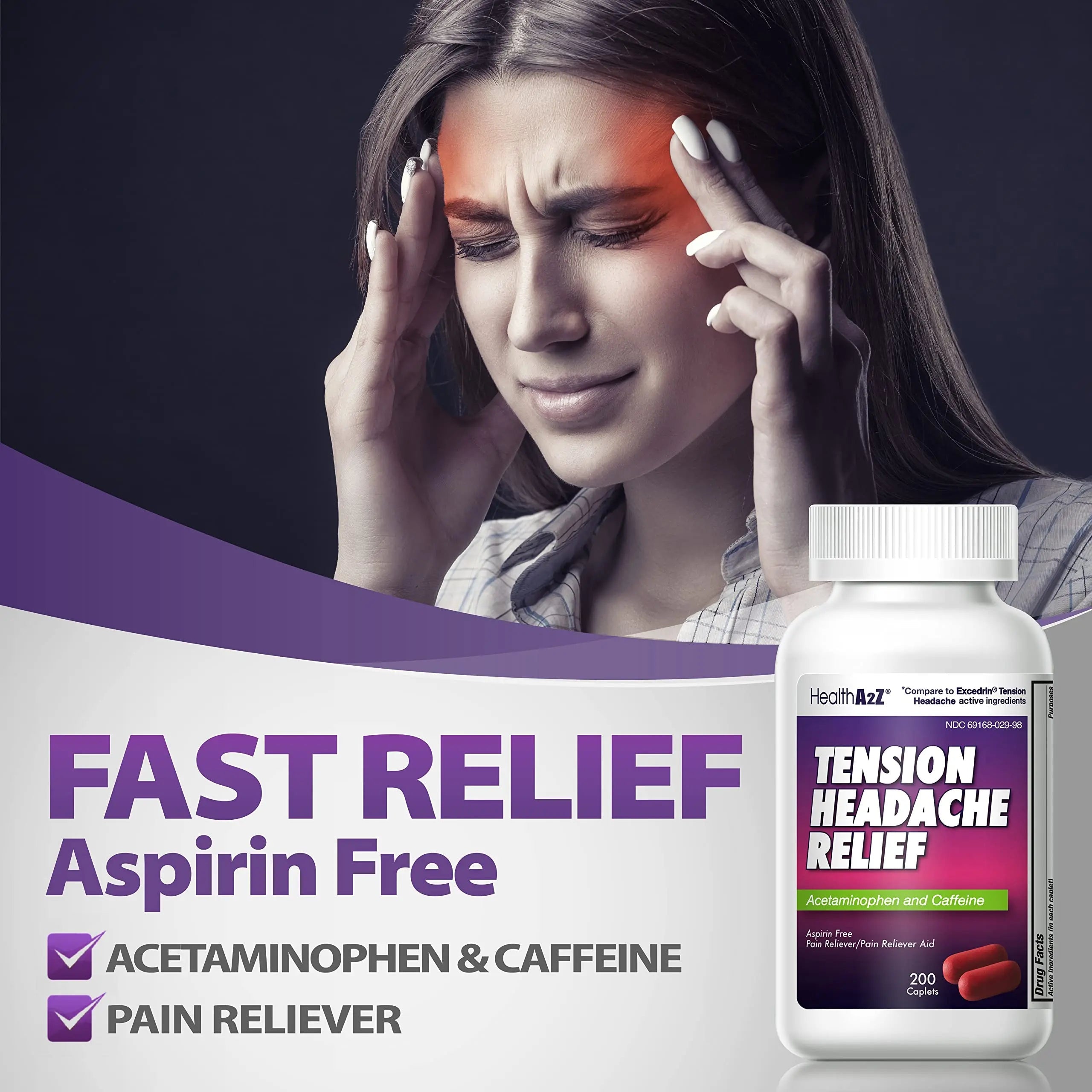 HealthA2Z® Tension Headache Relief | Acetaminophen 500mg | Caffeine 65mg | Pain Reliever Aid | Aspirin Free (200 caplets (Pack of 1)) HealthA2Z Au supplements