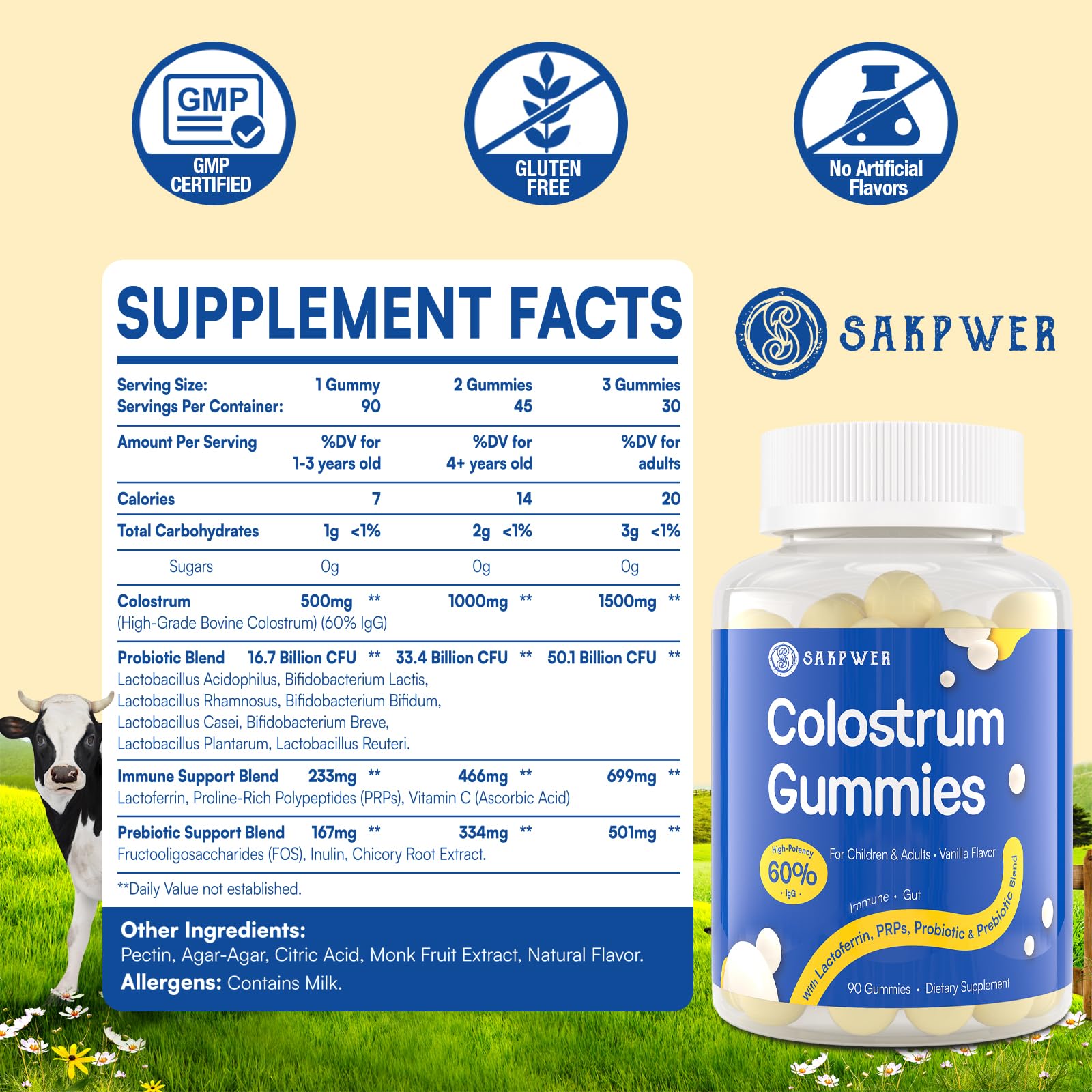 Sakpwer Bovine Colostrum Supplement Gummies - with 60% Highest IgG, Lactoferrin, Probiotics and Prebiotics for Adults and Kids, Vanilla Flavor & Sugar Free, 90 Gummies Sakpwer Au supplements
