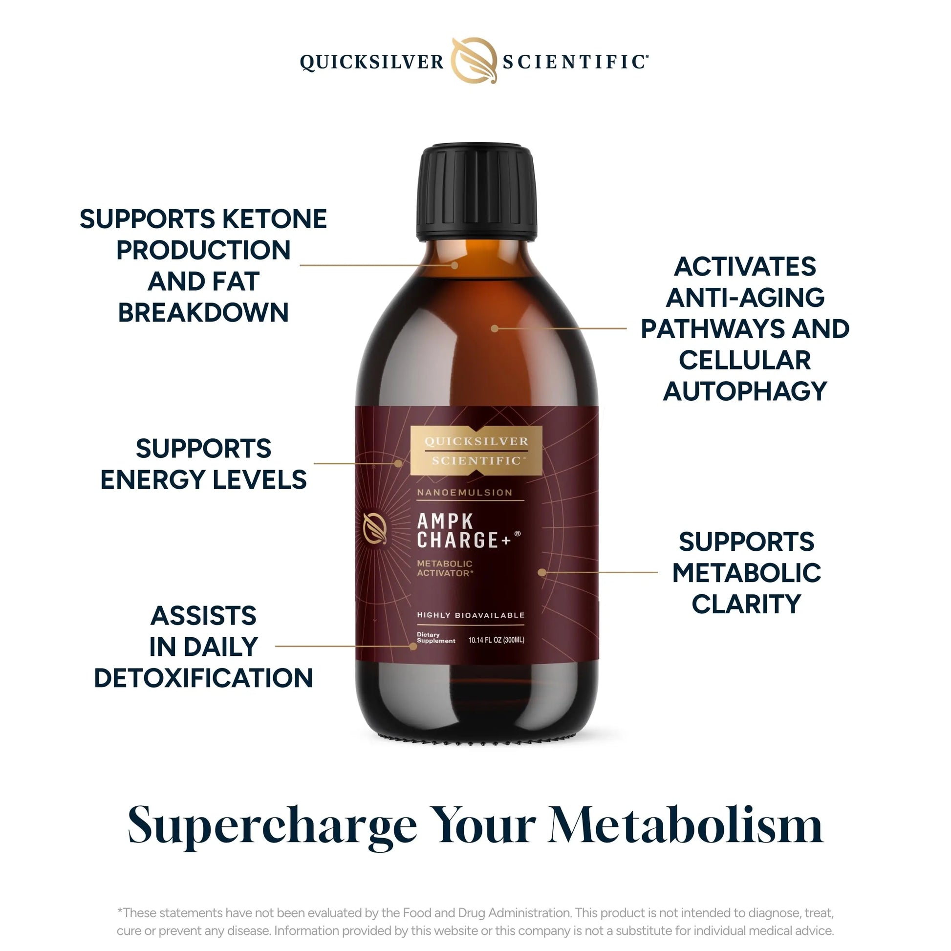 Quicksilver Scientific AMPK Charge+ - Support The Benefits of Intermittent Fasting, Carb Restrictive + Keto Protocols - Promotes Energy Production, Fat Breakdown + Healthy Aging (10.14oz / 300ml) Quicksilver Scientific Au supplements