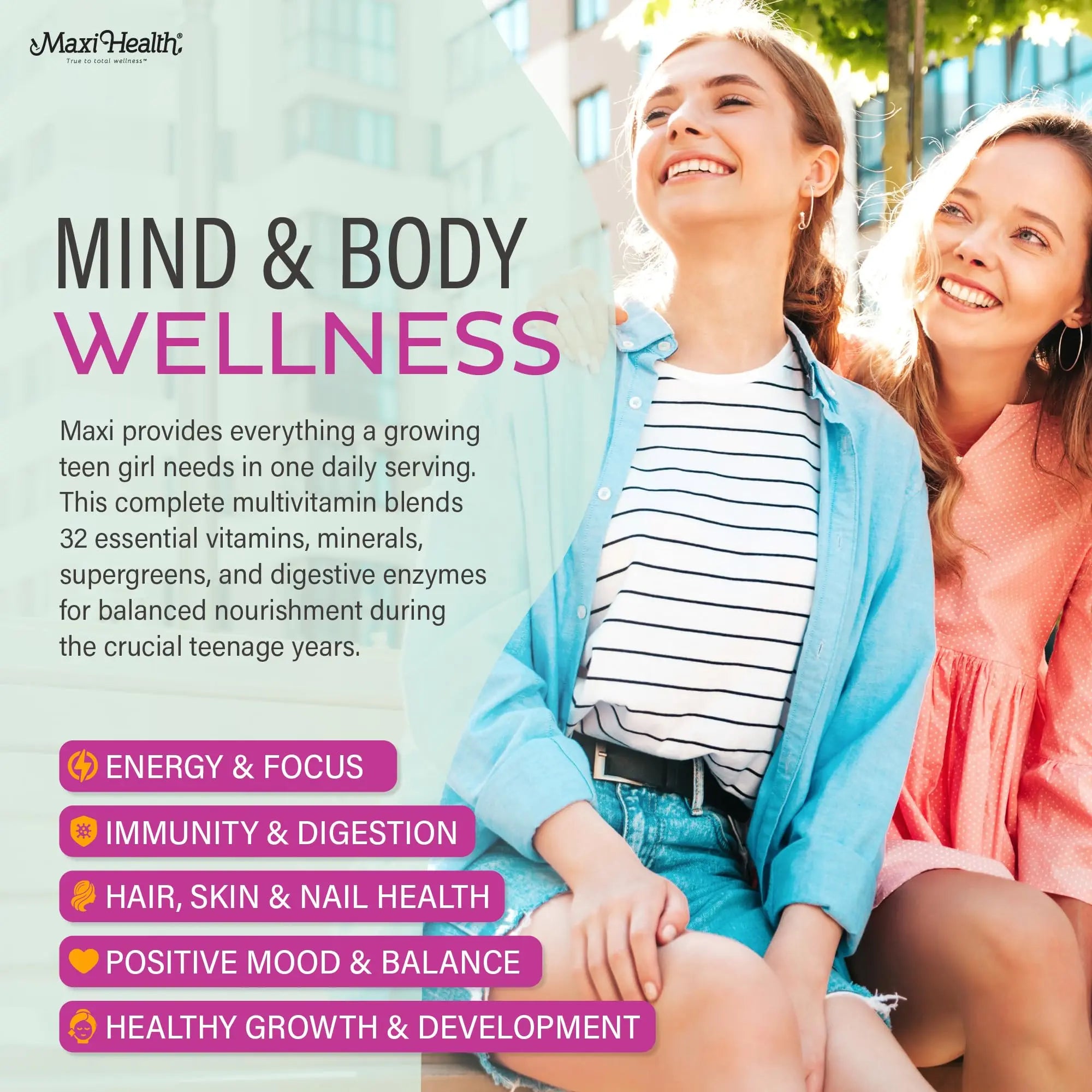 Teen Vitamins for Girls 12-17 - Teen Multivitamin D3, Iron, Calcium, Biotin, Zinc, Digestive Enzymes – Teenager Girl Multi Vitamins Maxi Health Au supplements