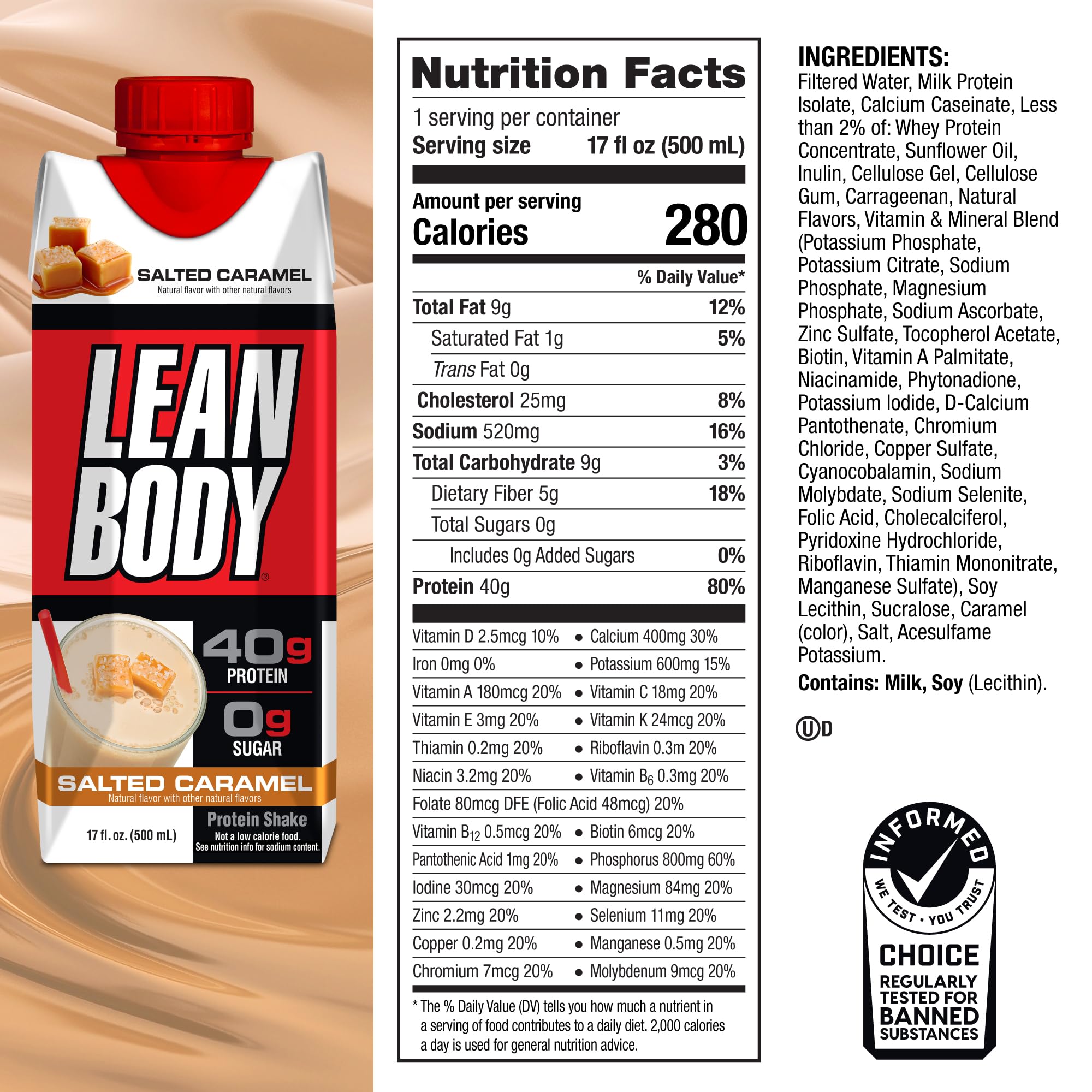 Lean Body Ready-to-Drink Salted Caramel Protein Shake, 40g Protein, Whey Blend Labrada Au supplements