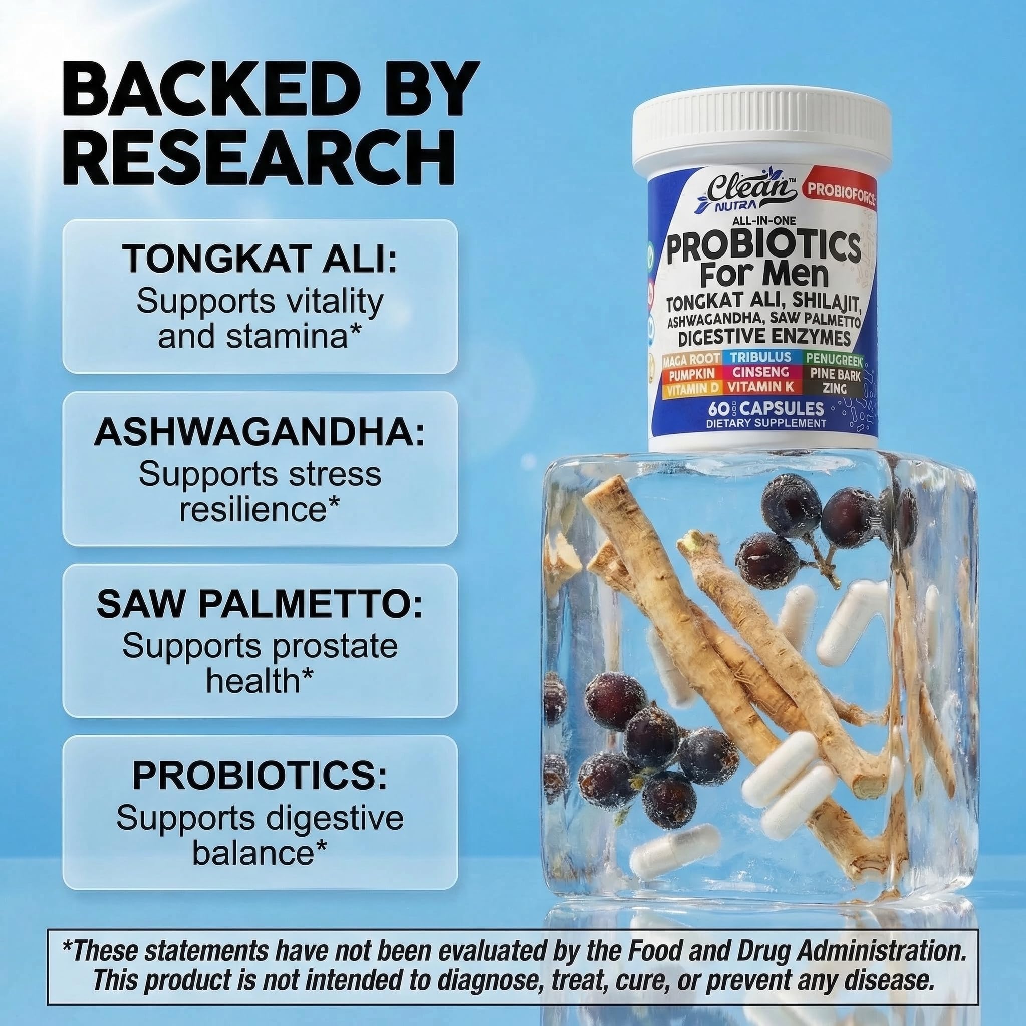 Clean Nutra Probiotics for Men | Tongkat Ali, Saw Palmetto, Tribulus, Ginseng, Ashwagandha, Maca, Pumpkin, Gingko Biloba, Pine Bark, Fenugreek, Shilajit, Zinc - Mens Probiotic 60 Capsules Clean Nutraceuticals Au supplements