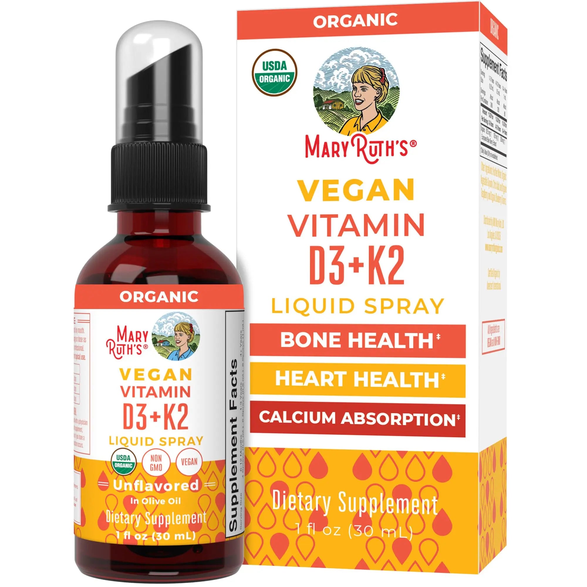 MaryRuth's Organic D3 + K2 Spray for Adults & Kids for Bone Health | Vitamin D3 as Cholecalciferol | Vitamin K2 | Immunity | Mineral Absorption | Heart Health | Vegan | Non-GMO | Gluten Free | 1 Fl Oz MARYRUTH'S Au supplements