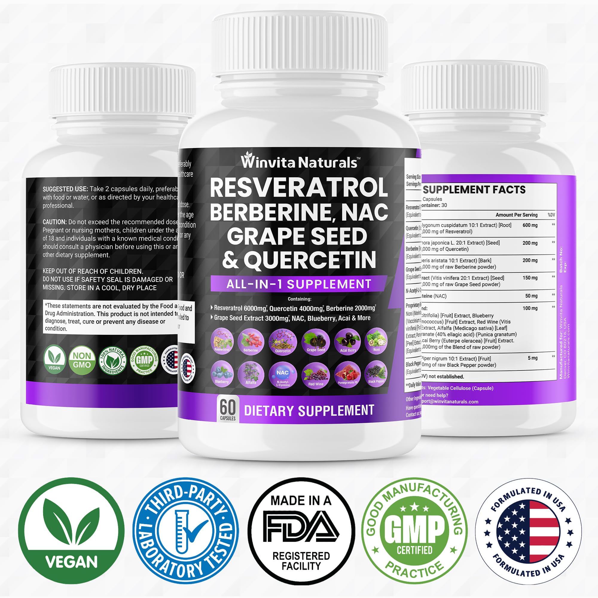 Resveratrol 6000mg Quercetin 4000mg Berberine 2000mg Grape Seed Extract 3000mg Winvita Naturals Au supplements