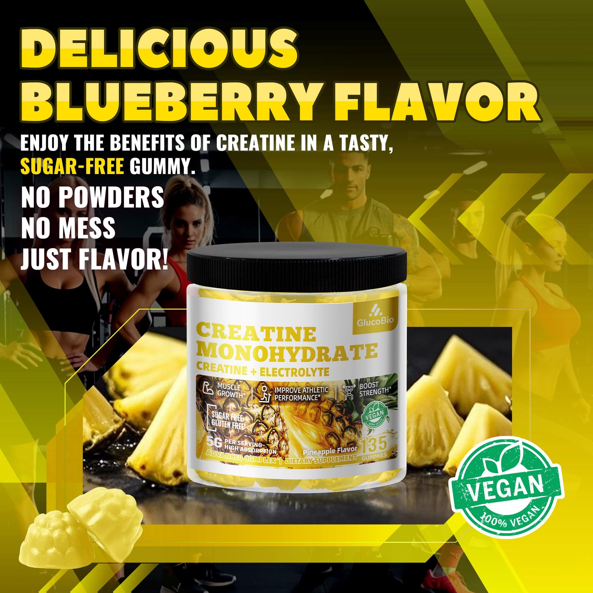 GlucoBio Creatine Monohydrate Gummies (5g) – Pre-Workout Energy & Muscle Growth Support for Men & Women | Pineapple Electrolyte Gummies (135 Count) GlucoBio Au supplements