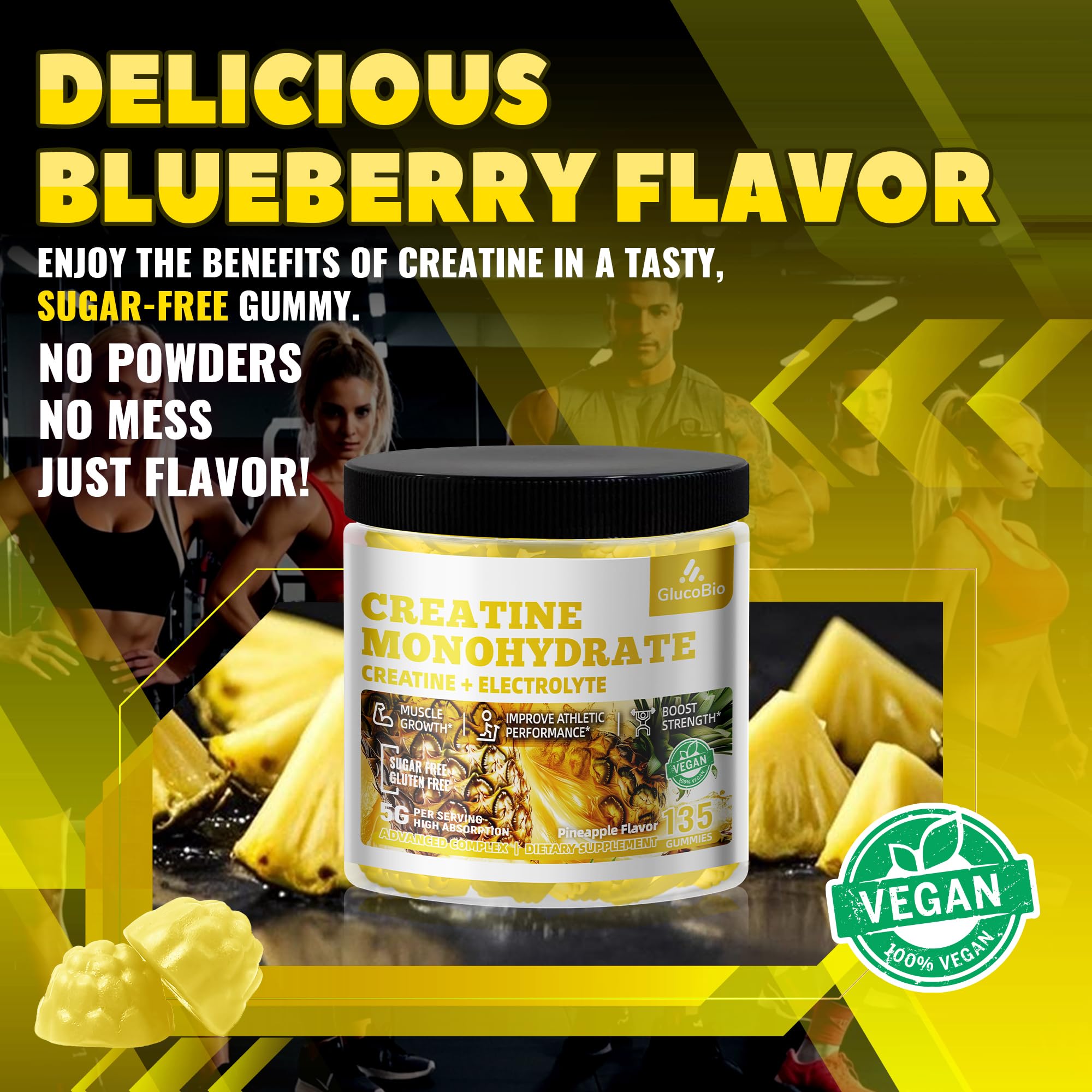 GlucoBio Creatine Monohydrate Gummies (5g) – Pre-Workout Energy & Muscle Growth Support for Men & Women | Pineapple Electrolyte Gummies (135 Count) GlucoBio Au supplements